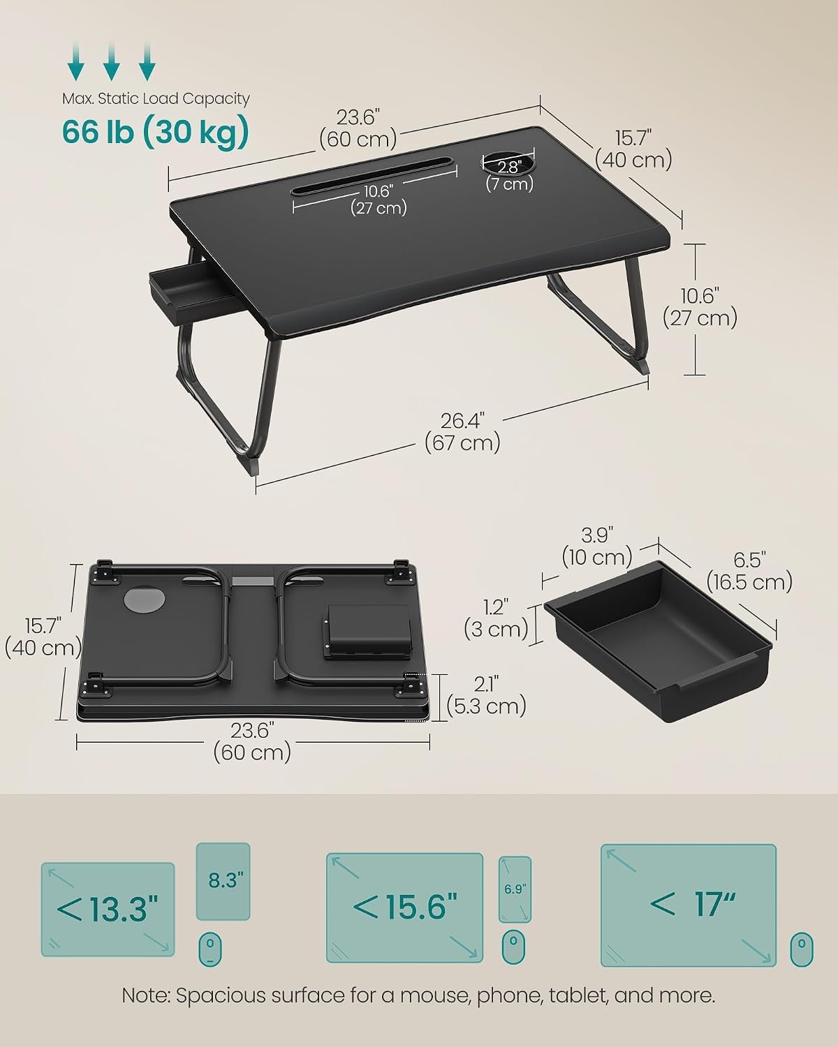 image:imageSONGMICS Foldable Lap Desk Portable Bed Desk Table Tray wCup Holder TrayBlack