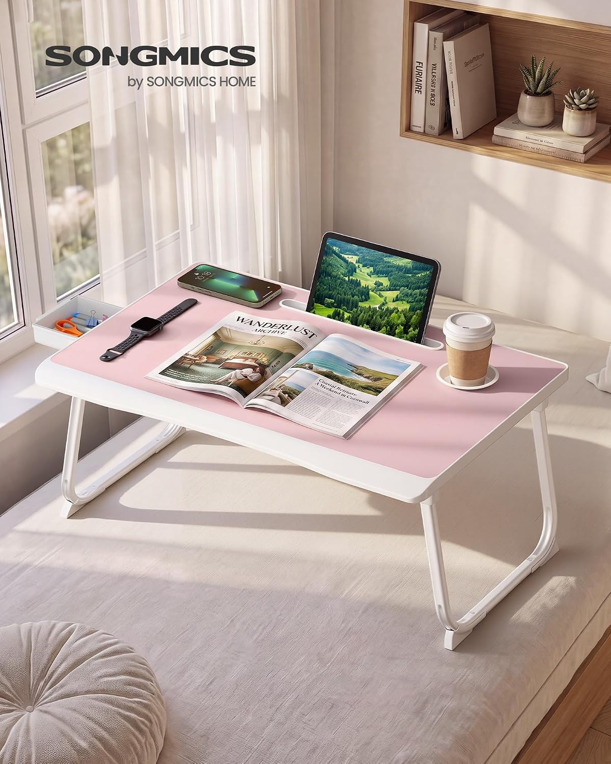 image:imageSONGMICS Foldable Lap Desk Portable Bed Desk Table Tray wCup Holder TrayJelly Pink