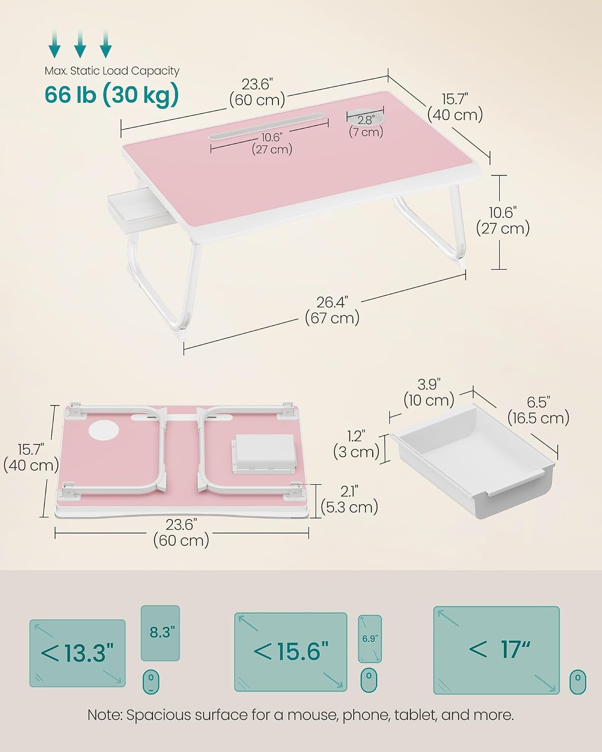 image:imageSONGMICS Foldable Lap Desk Portable Bed Desk Table Tray wCup Holder TrayJelly Pink