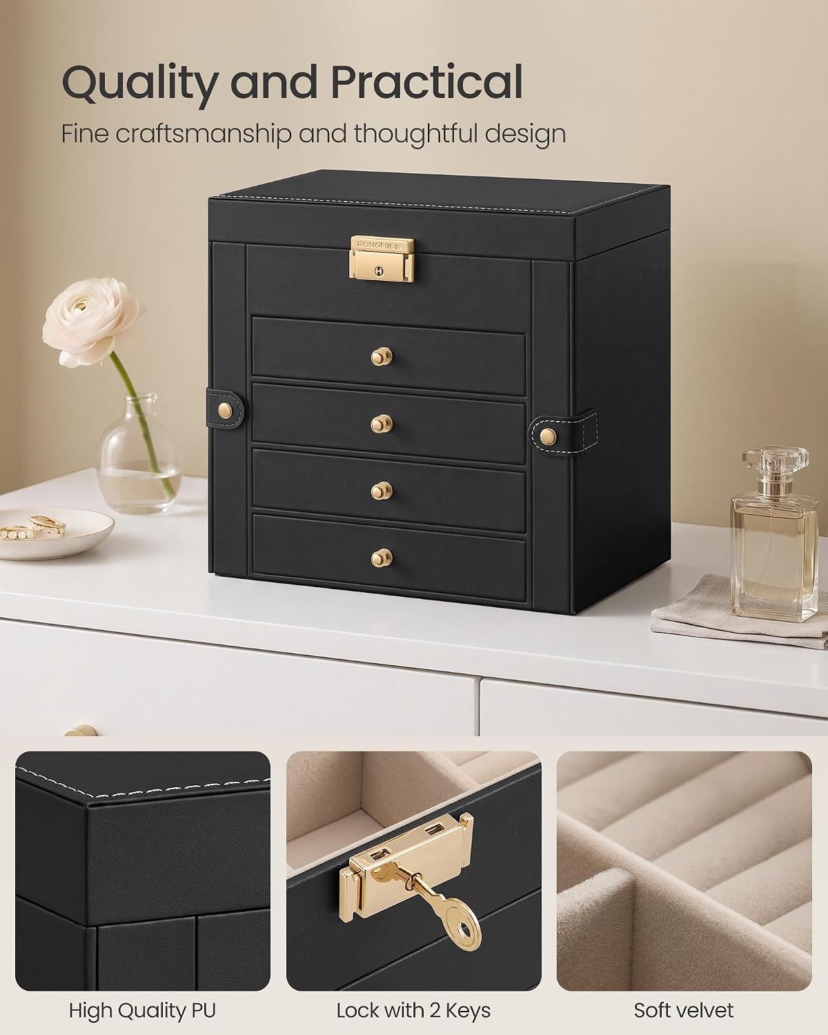 image:imageSONGMICS Jewelry Box for Women 3Tier Jewelry Organizer with DrawersBlack