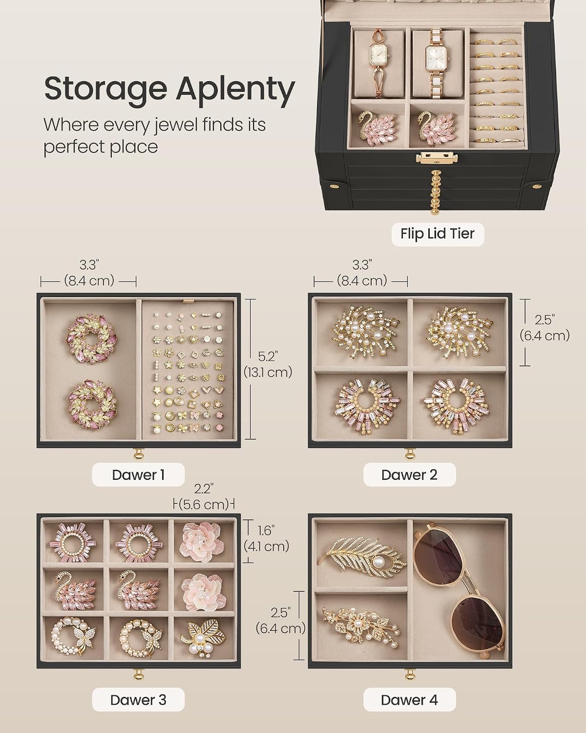 image:imageSONGMICS Jewelry Box for Women 3Tier Jewelry Organizer with DrawersBlack
