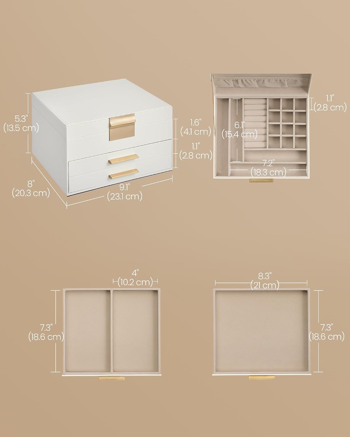 image:imageSONGMICS Jewelry Box for Women 3Tier Jewelry Organizer with DrawersCream White Tan