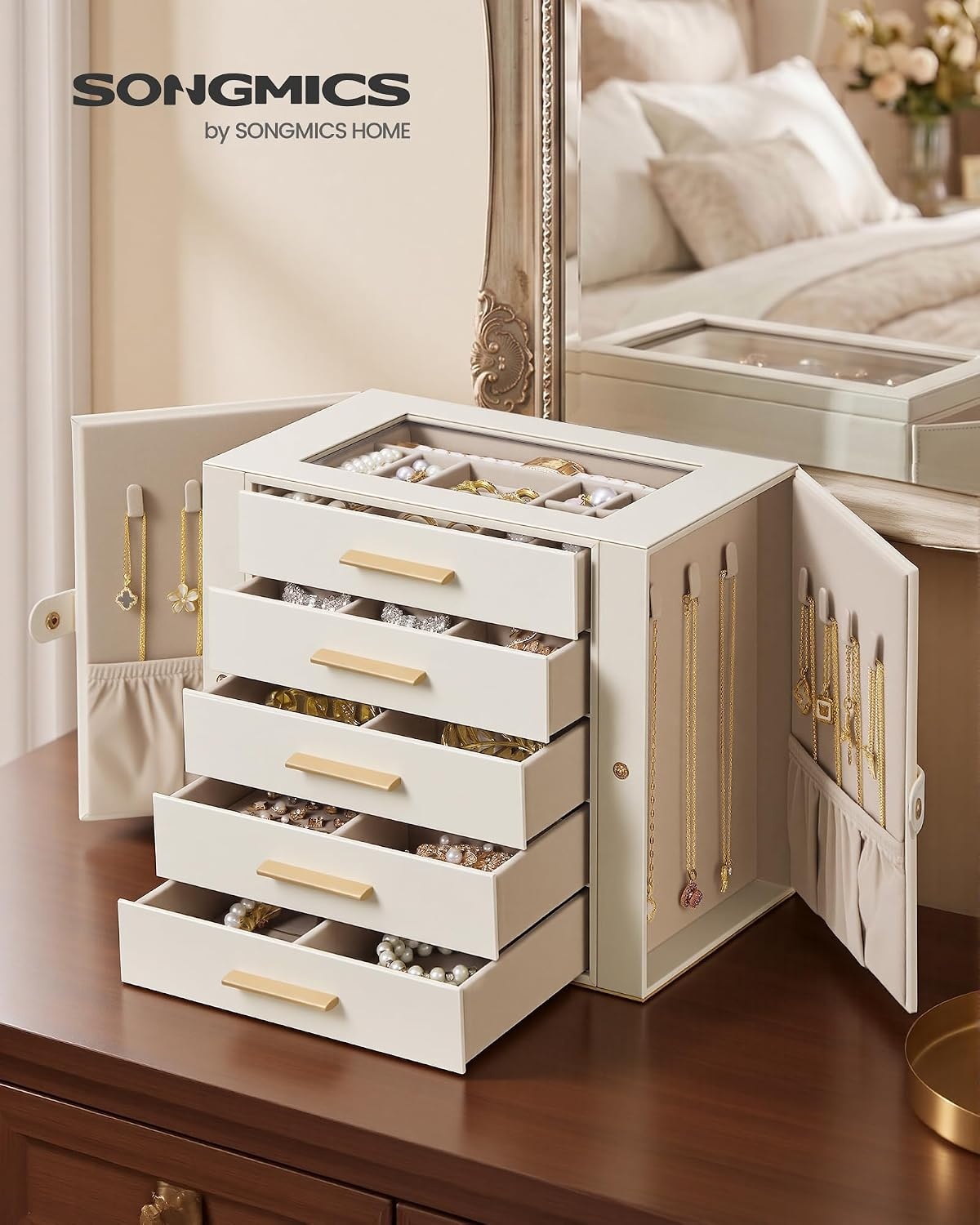image:imageSONGMICS Jewelry Box for Women 3Tier Jewelry Organizer with DrawersCream White Tan