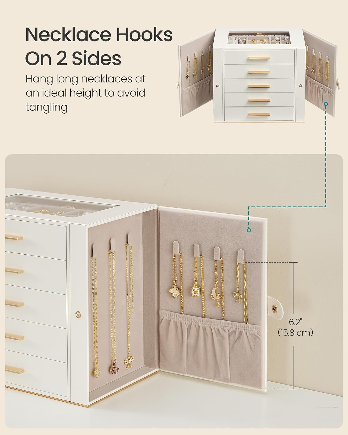 image:imageSONGMICS Jewelry Box for Women 3Tier Jewelry Organizer with DrawersCream White Tan