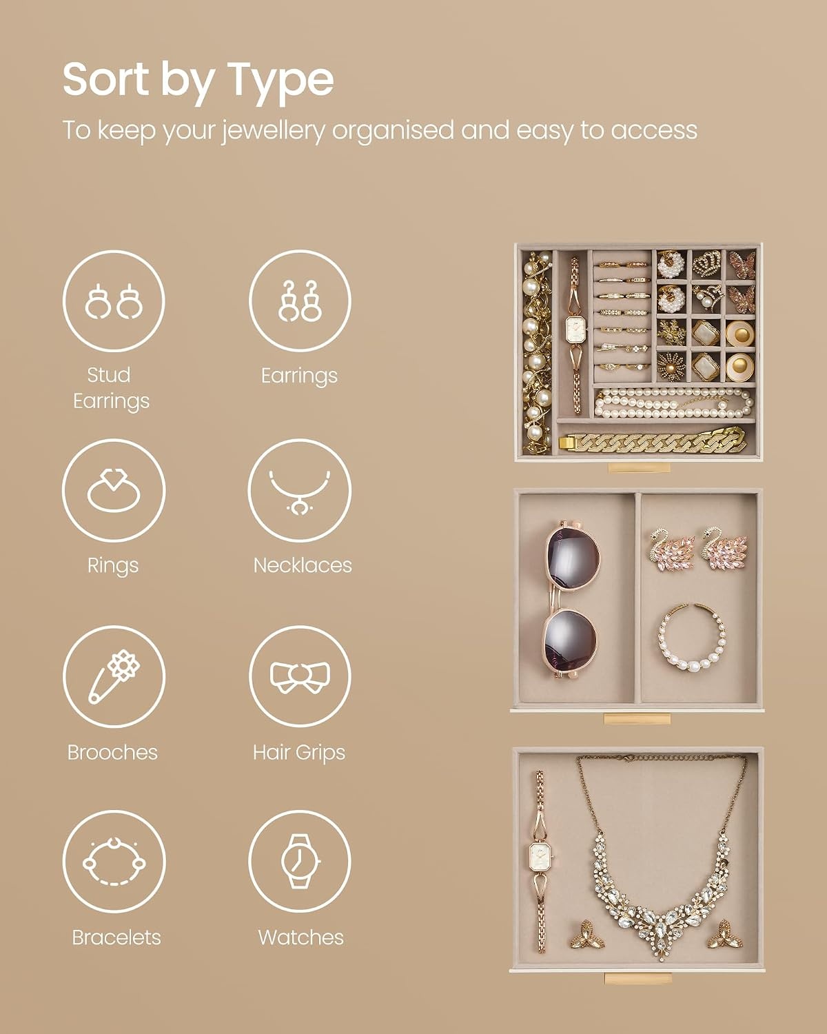 image:imageSONGMICS Jewelry Box for Women 3Tier Jewelry Organizer with DrawersCream White Tan