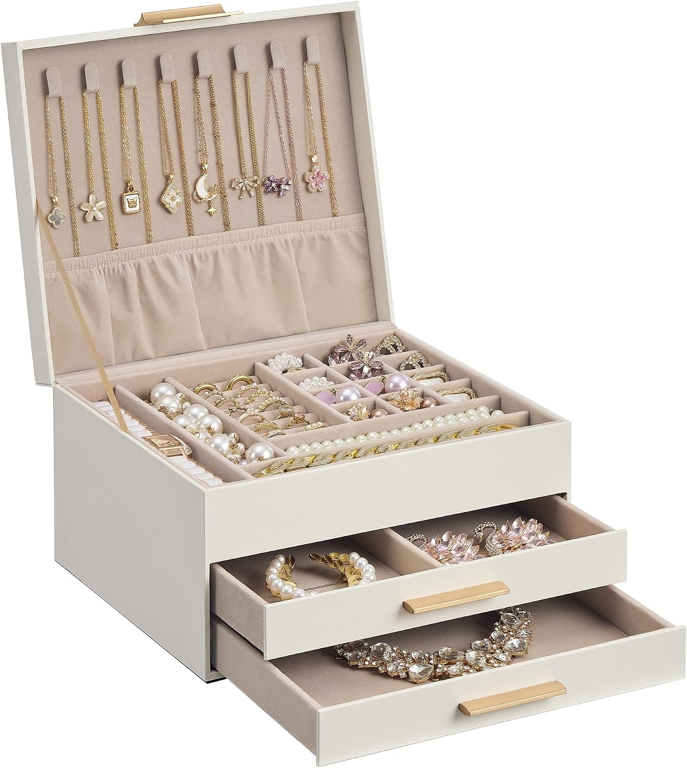 image:imageSONGMICS Jewelry Box for Women 3Tier Jewelry Organizer with DrawersCream White Tan