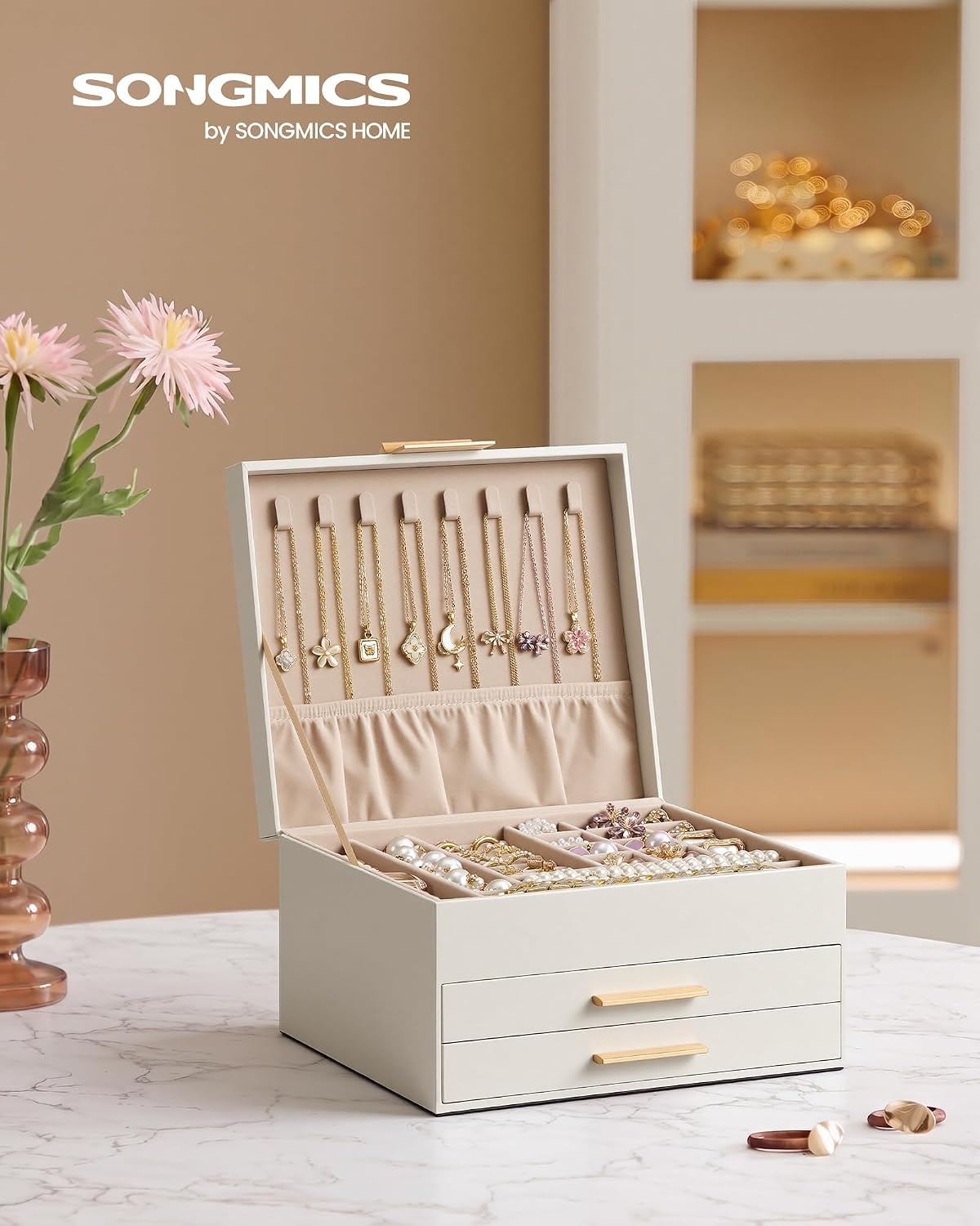 image:imageSONGMICS Jewelry Box for Women 3Tier Jewelry Organizer with DrawersCream White Tan