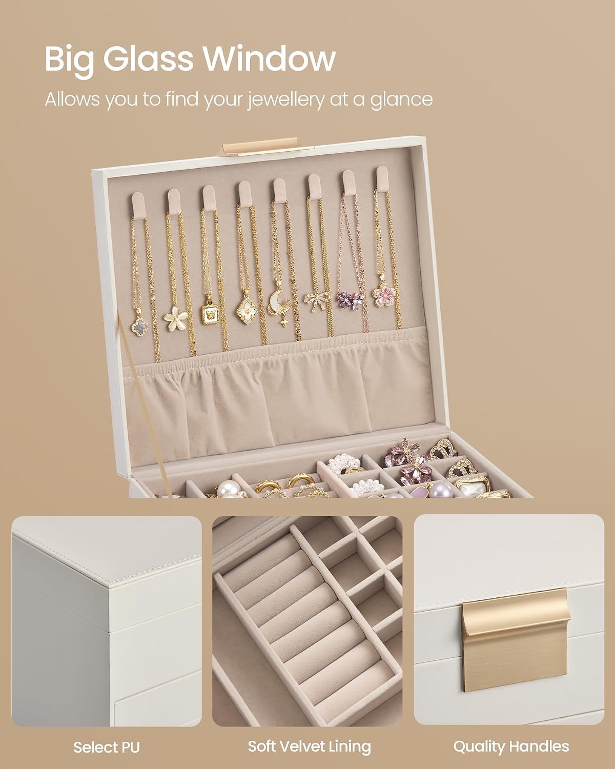 image:imageSONGMICS Jewelry Box for Women 3Tier Jewelry Organizer with DrawersCream White Tan