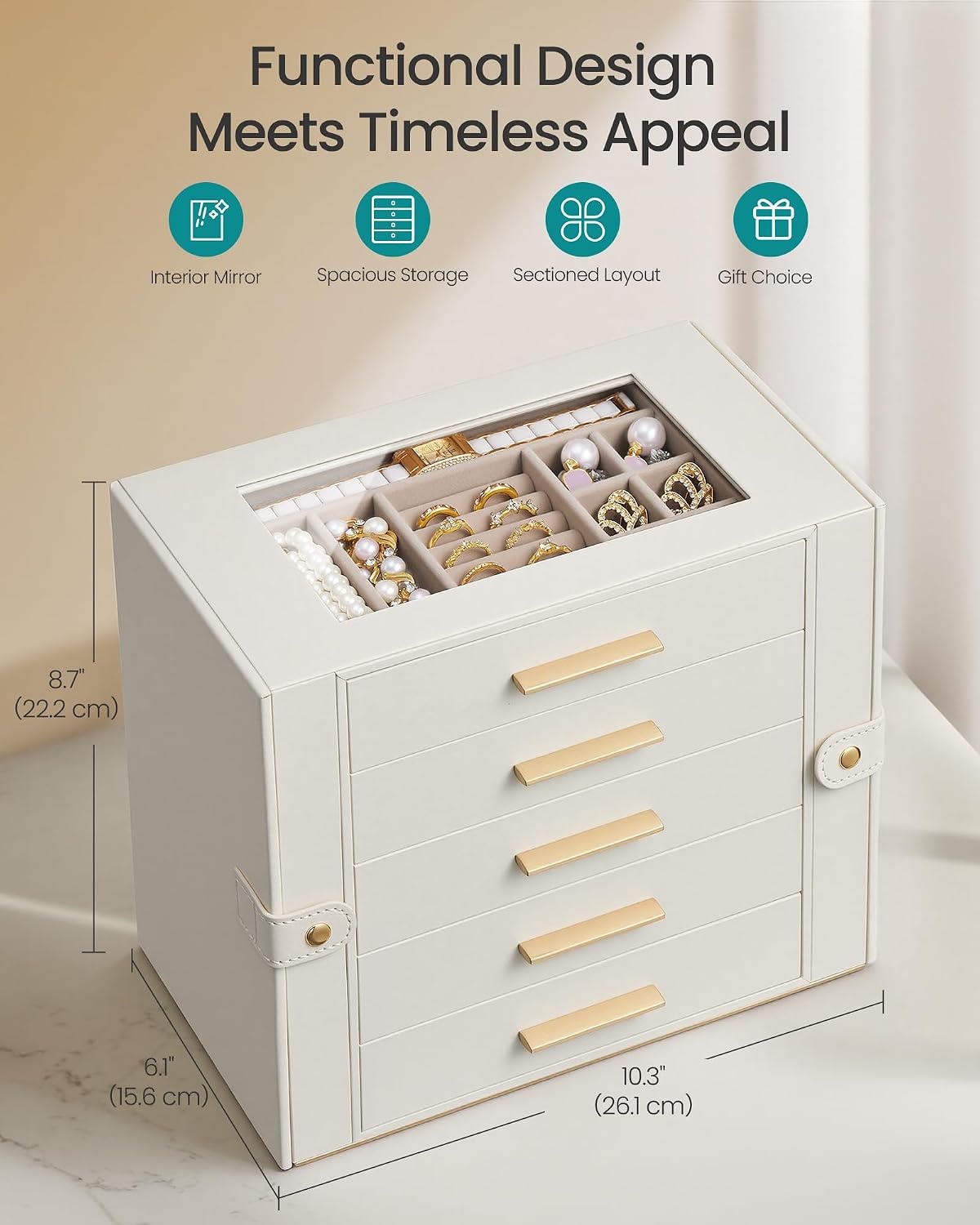 image:imageSONGMICS Jewelry Box for Women 3Tier Jewelry Organizer with DrawersCream White Tan