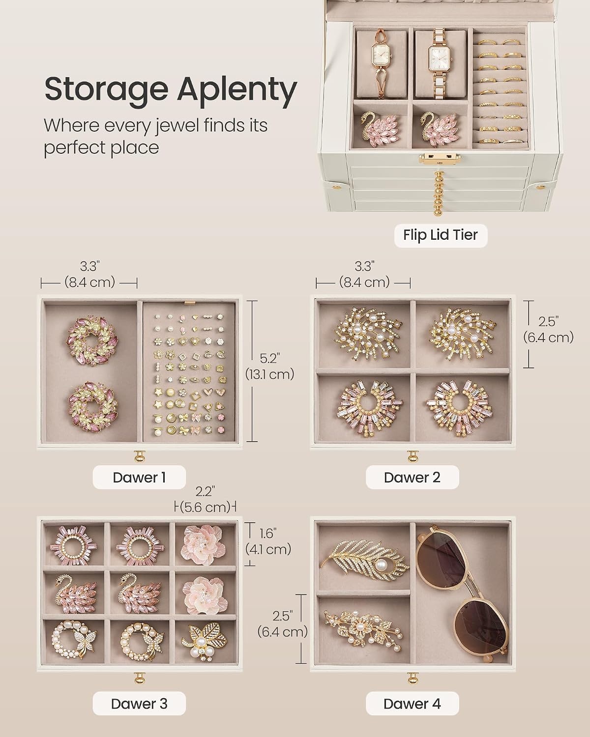 image:imageSONGMICS Jewelry Box for Women 3Tier Jewelry Organizer with DrawersCream White
