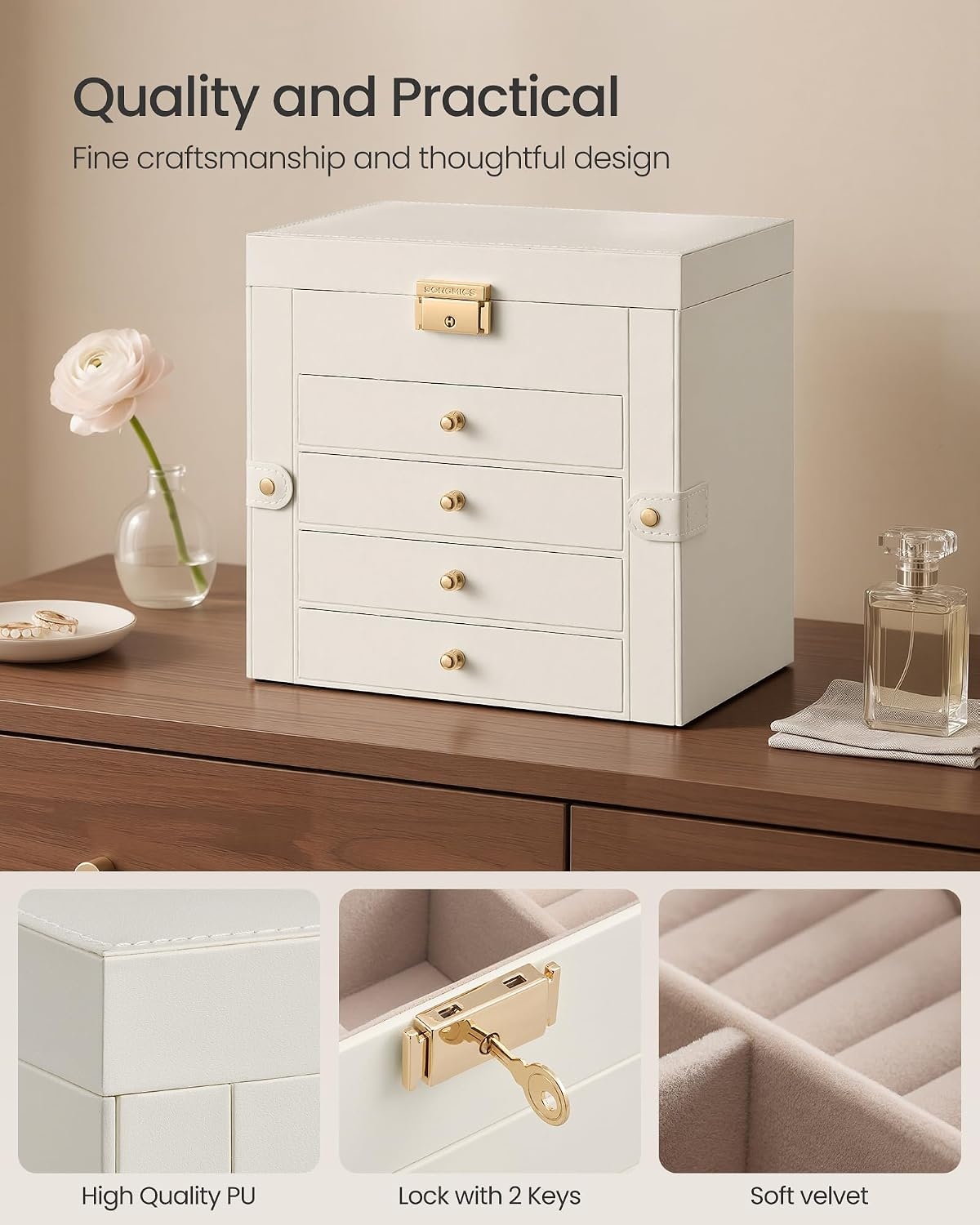 image:imageSONGMICS Jewelry Box for Women 3Tier Jewelry Organizer with DrawersCream White