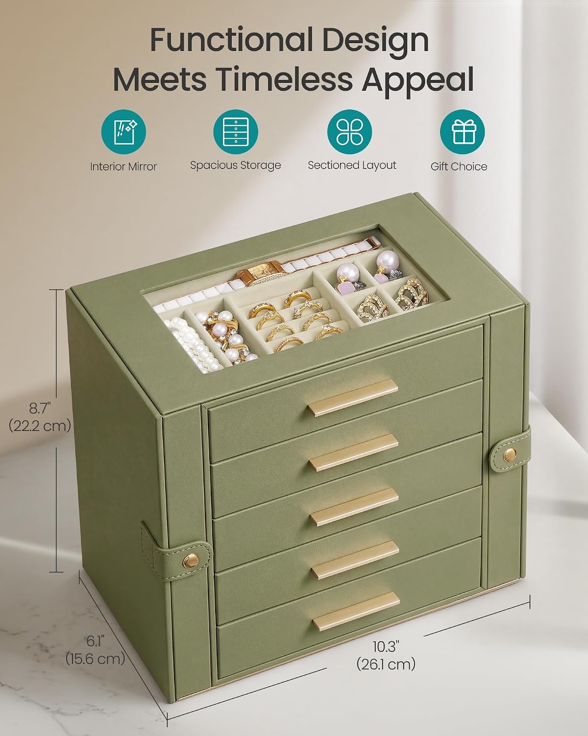 image:imageSONGMICS Jewelry Box for Women 3Tier Jewelry Organizer with DrawersGreen White