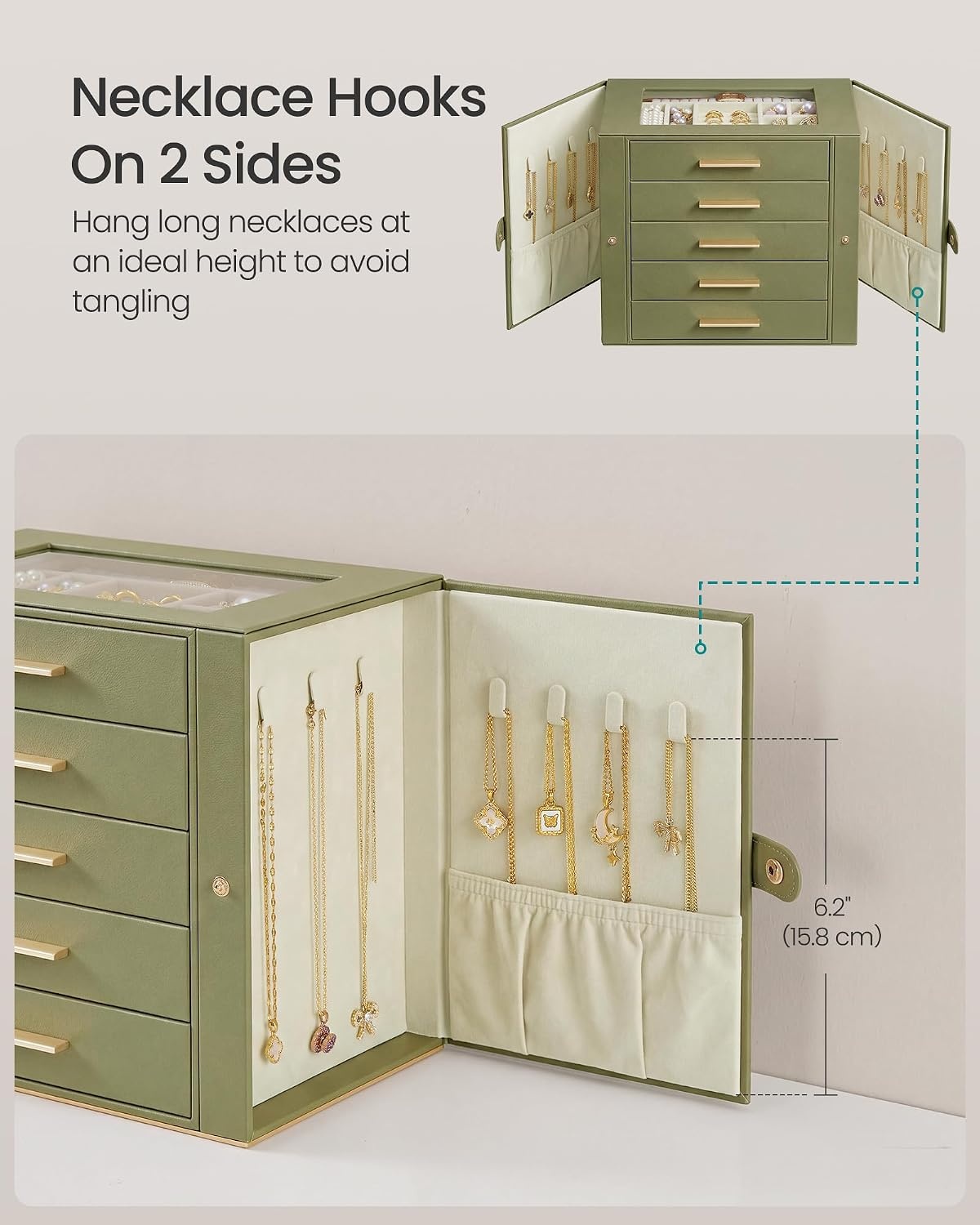 image:imageSONGMICS Jewelry Box for Women 3Tier Jewelry Organizer with DrawersGreen White
