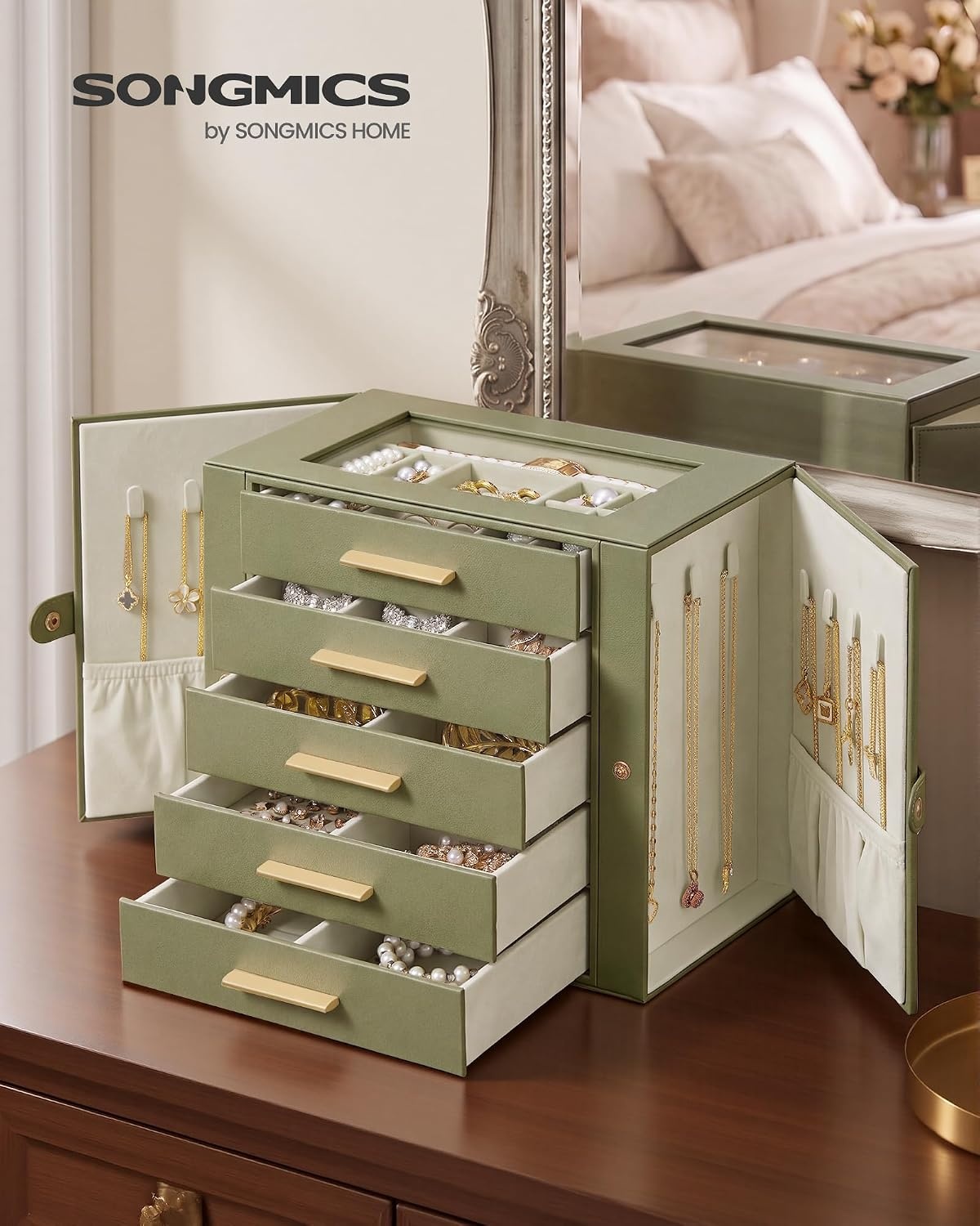 image:imageSONGMICS Jewelry Box for Women 3Tier Jewelry Organizer with DrawersGreen White