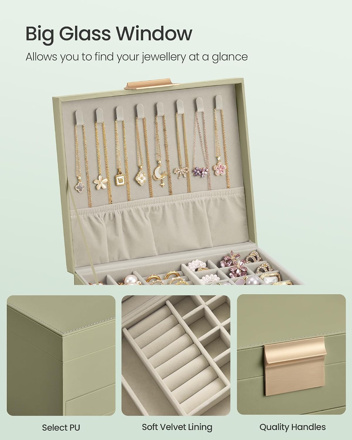 image:imageSONGMICS Jewelry Box for Women 3Tier Jewelry Organizer with DrawersGreen White