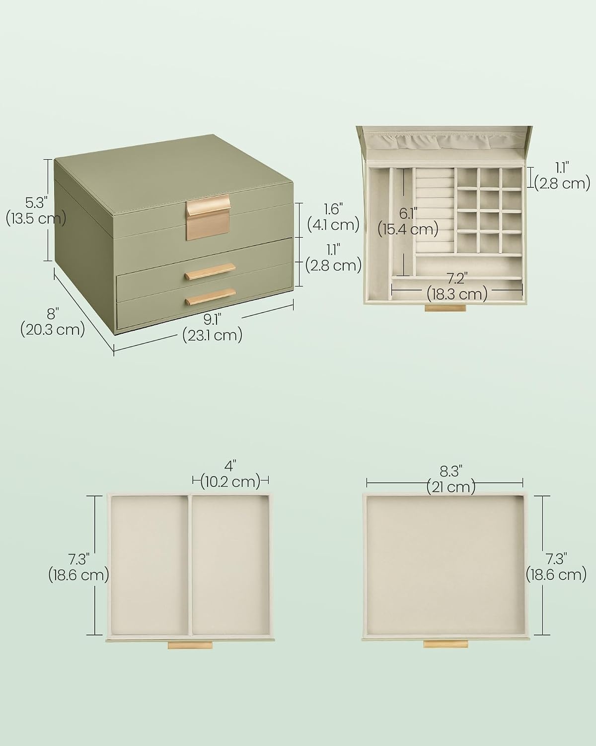 image:imageSONGMICS Jewelry Box for Women 3Tier Jewelry Organizer with DrawersGreen White