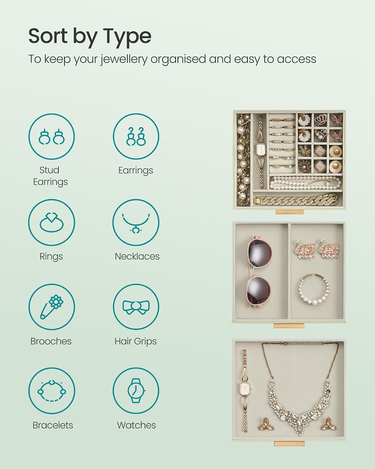 image:imageSONGMICS Jewelry Box for Women 3Tier Jewelry Organizer with DrawersGreen White