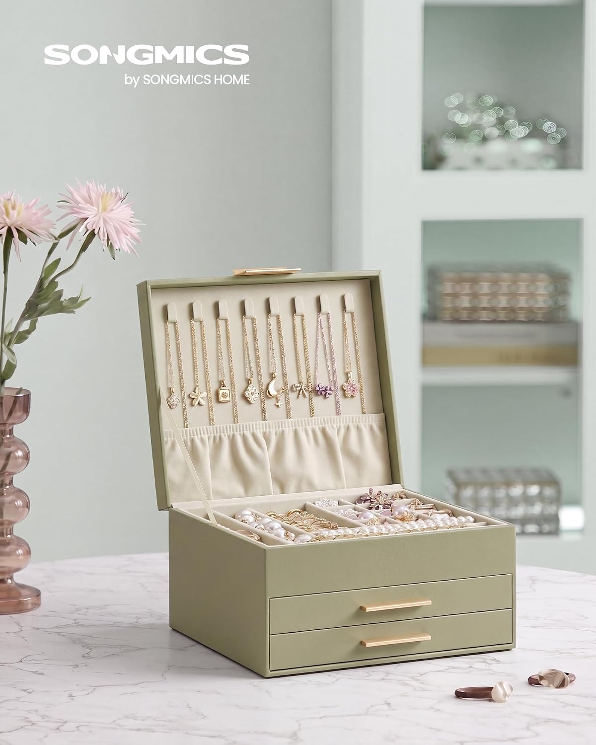 image:imageSONGMICS Jewelry Box for Women 3Tier Jewelry Organizer with DrawersGreen White