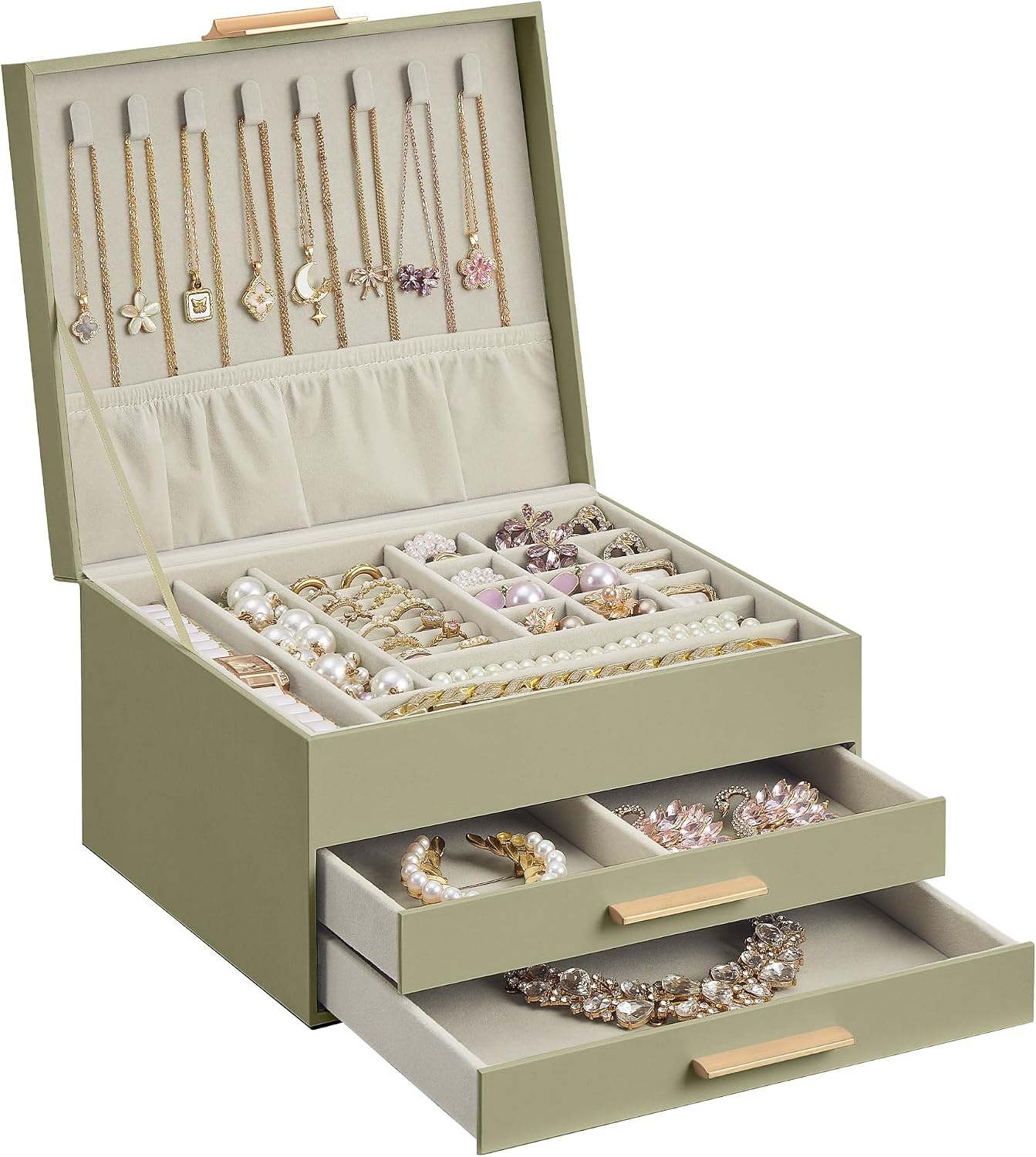 image:imageSONGMICS Jewelry Box for Women 3Tier Jewelry Organizer with DrawersGreen White