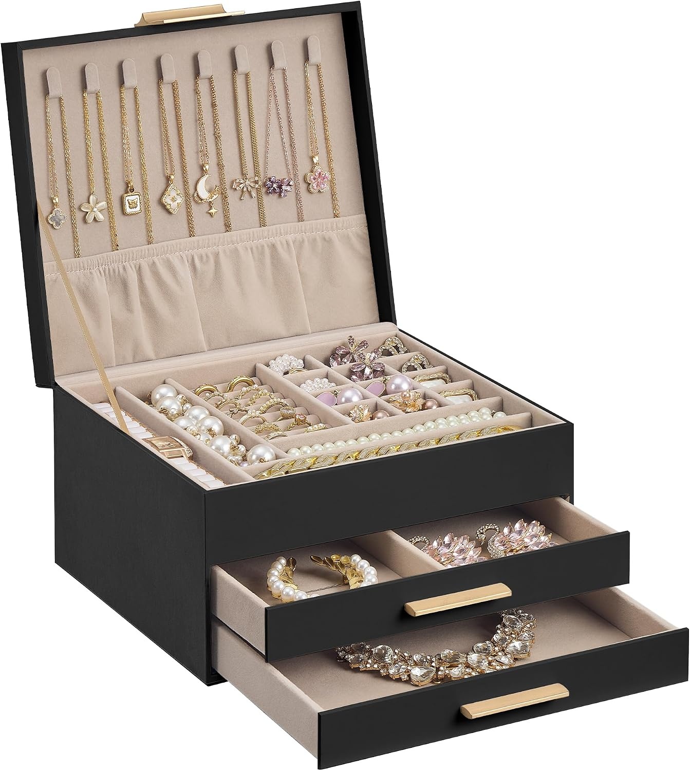 image:imageSONGMICS Jewelry Box for Women 3Tier Jewelry Organizer with DrawersTan Black
