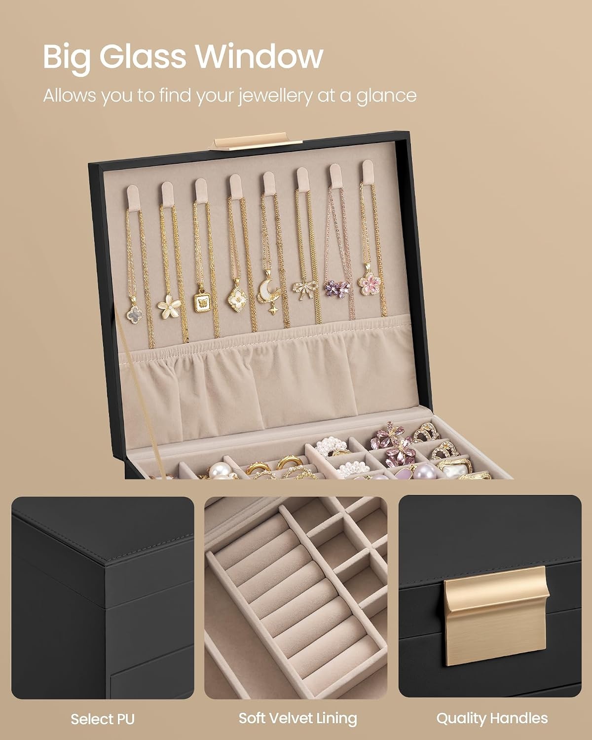 image:imageSONGMICS Jewelry Box for Women 3Tier Jewelry Organizer with DrawersTan Black