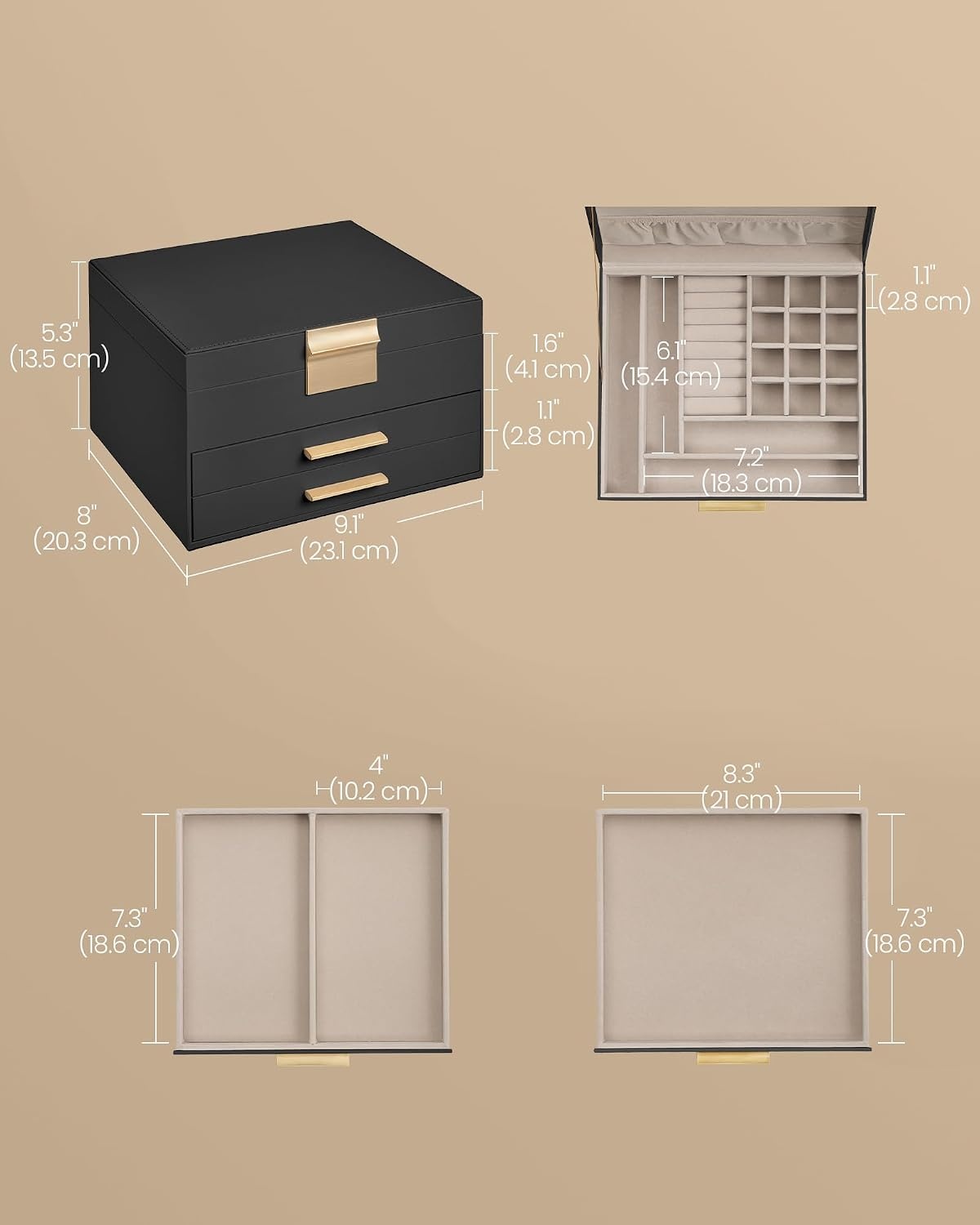 image:imageSONGMICS Jewelry Box for Women 3Tier Jewelry Organizer with DrawersTan Black