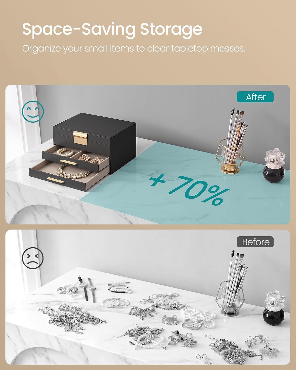 image:imageSONGMICS Jewelry Box for Women 3Tier Jewelry Organizer with DrawersTan Black