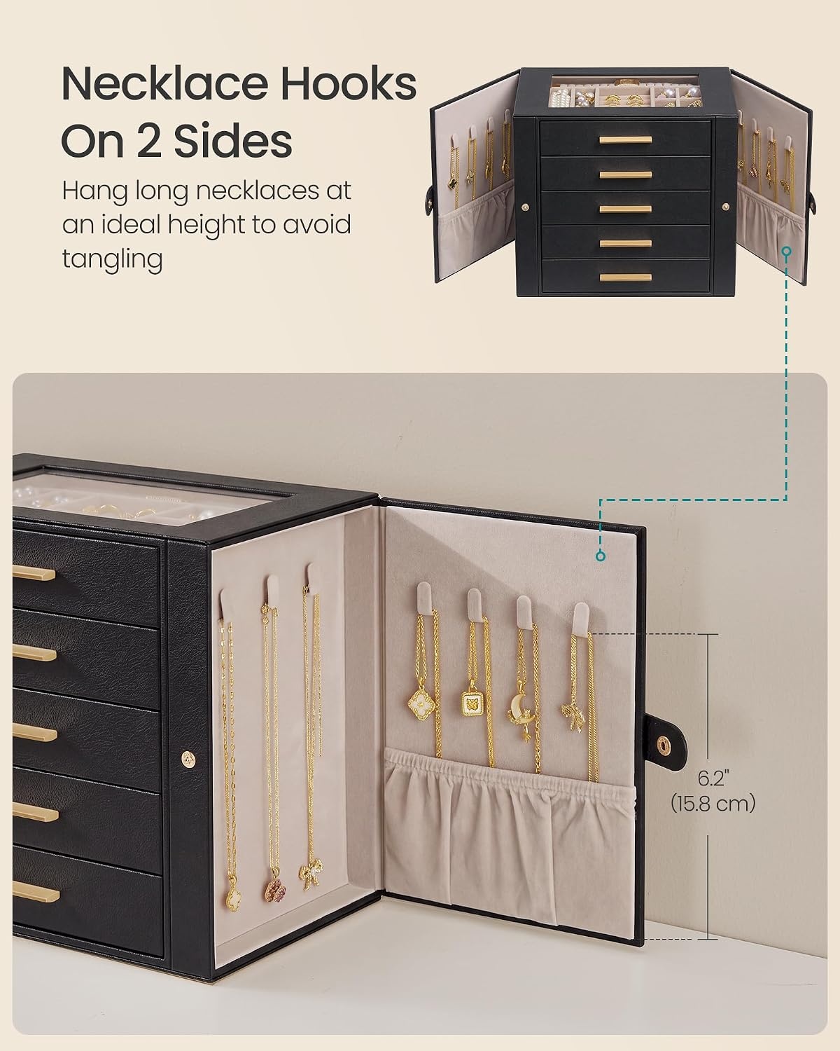 image:imageSONGMICS Jewelry Box for Women 3Tier Jewelry Organizer with DrawersTan Black