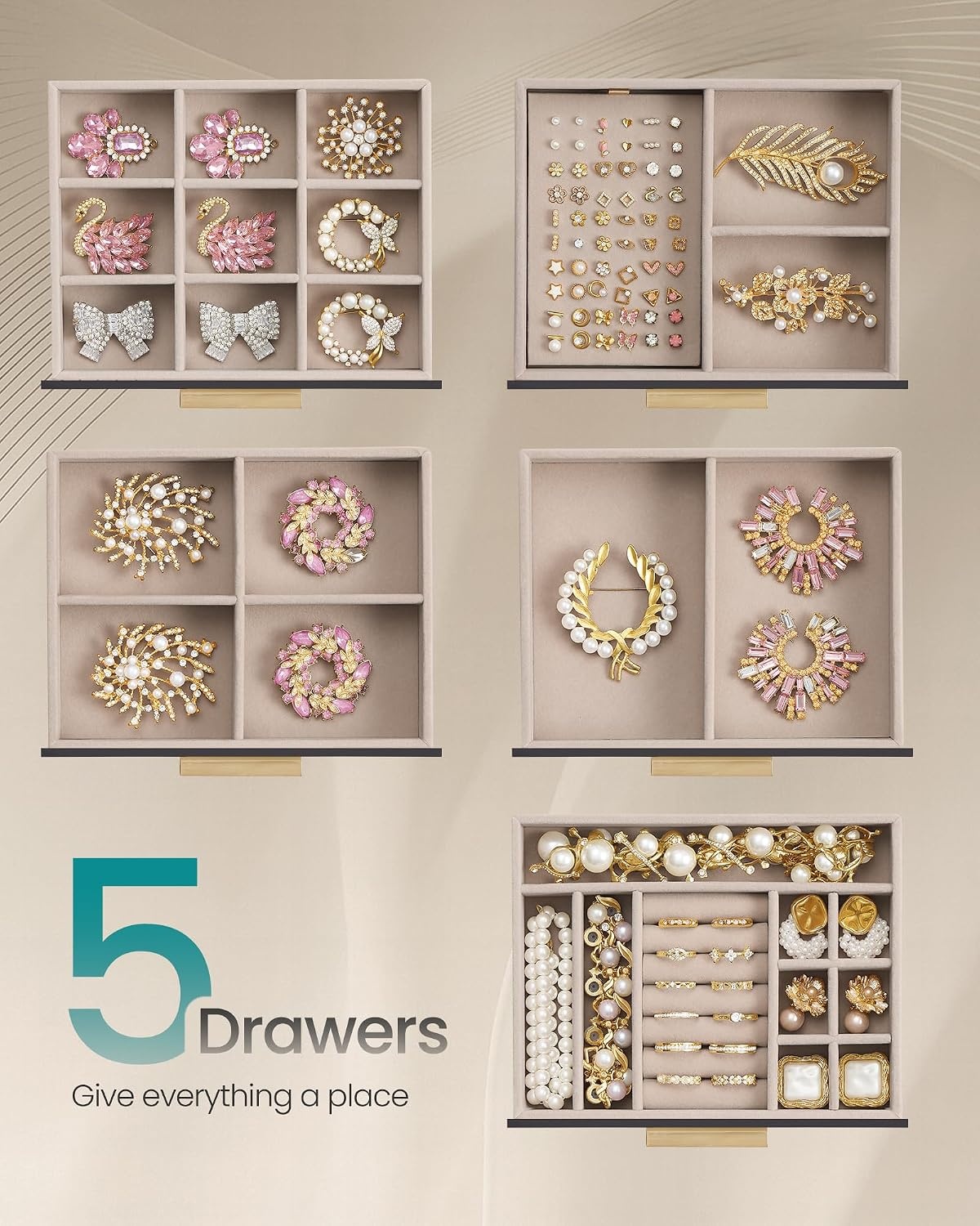 image:imageSONGMICS Jewelry Box for Women 3Tier Jewelry Organizer with DrawersTan Black