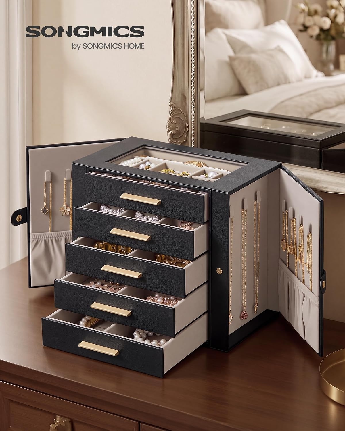 image:imageSONGMICS Jewelry Box for Women 3Tier Jewelry Organizer with DrawersTan Black