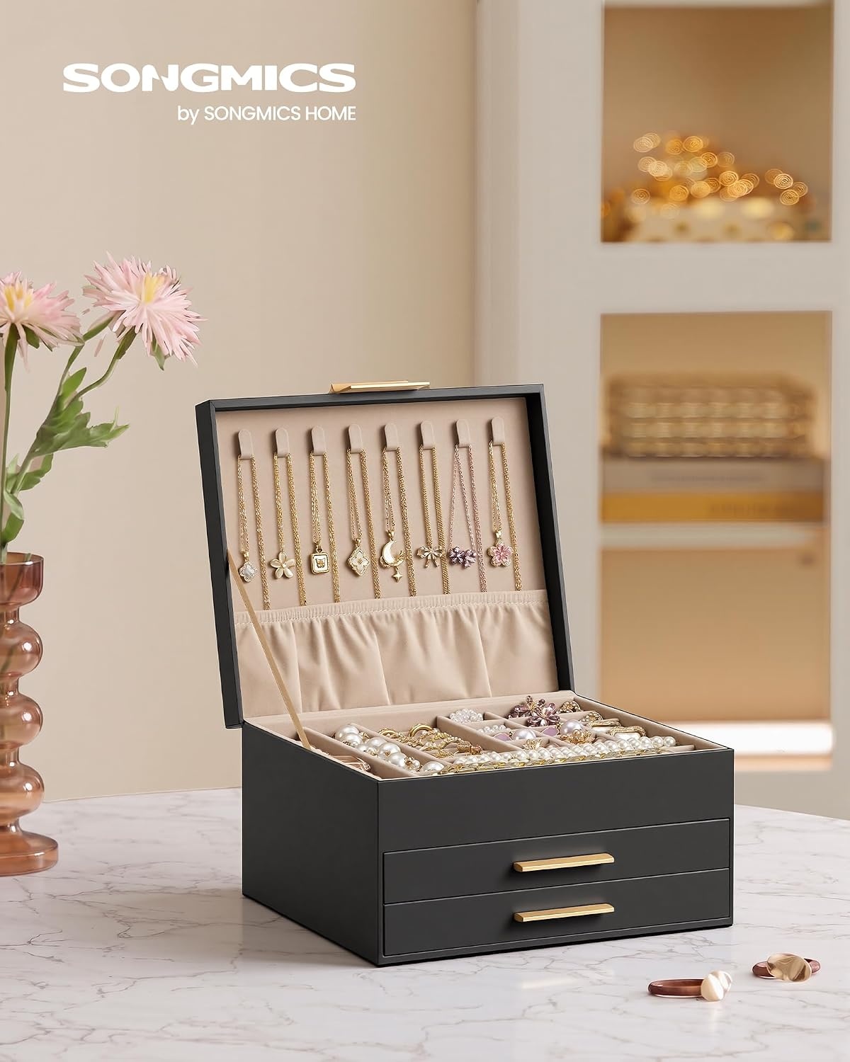 image:imageSONGMICS Jewelry Box for Women 3Tier Jewelry Organizer with DrawersTan Black