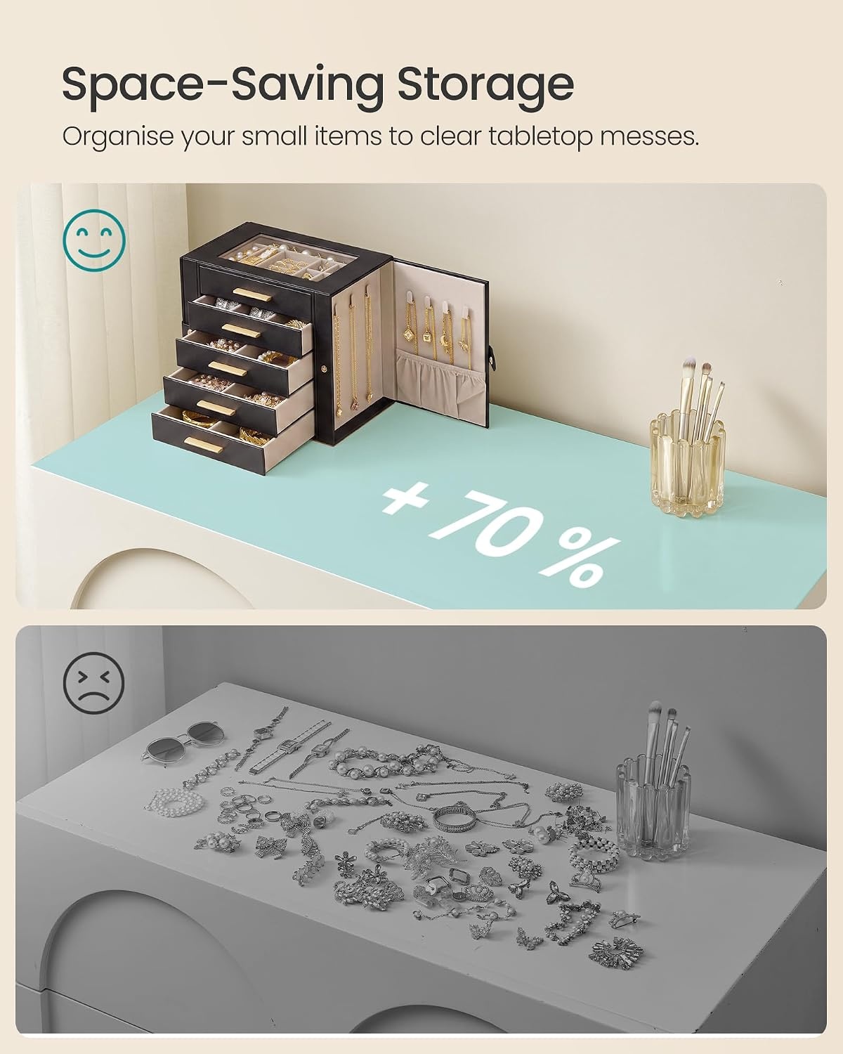 image:imageSONGMICS Jewelry Box for Women 3Tier Jewelry Organizer with DrawersTan Black