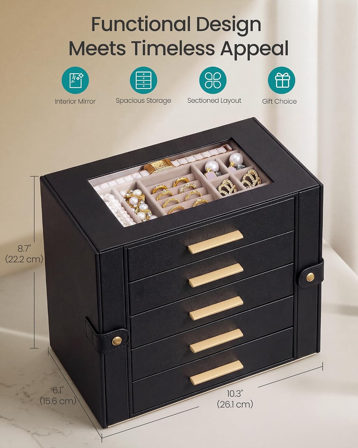image:imageSONGMICS Jewelry Box for Women 3Tier Jewelry Organizer with DrawersTan Black