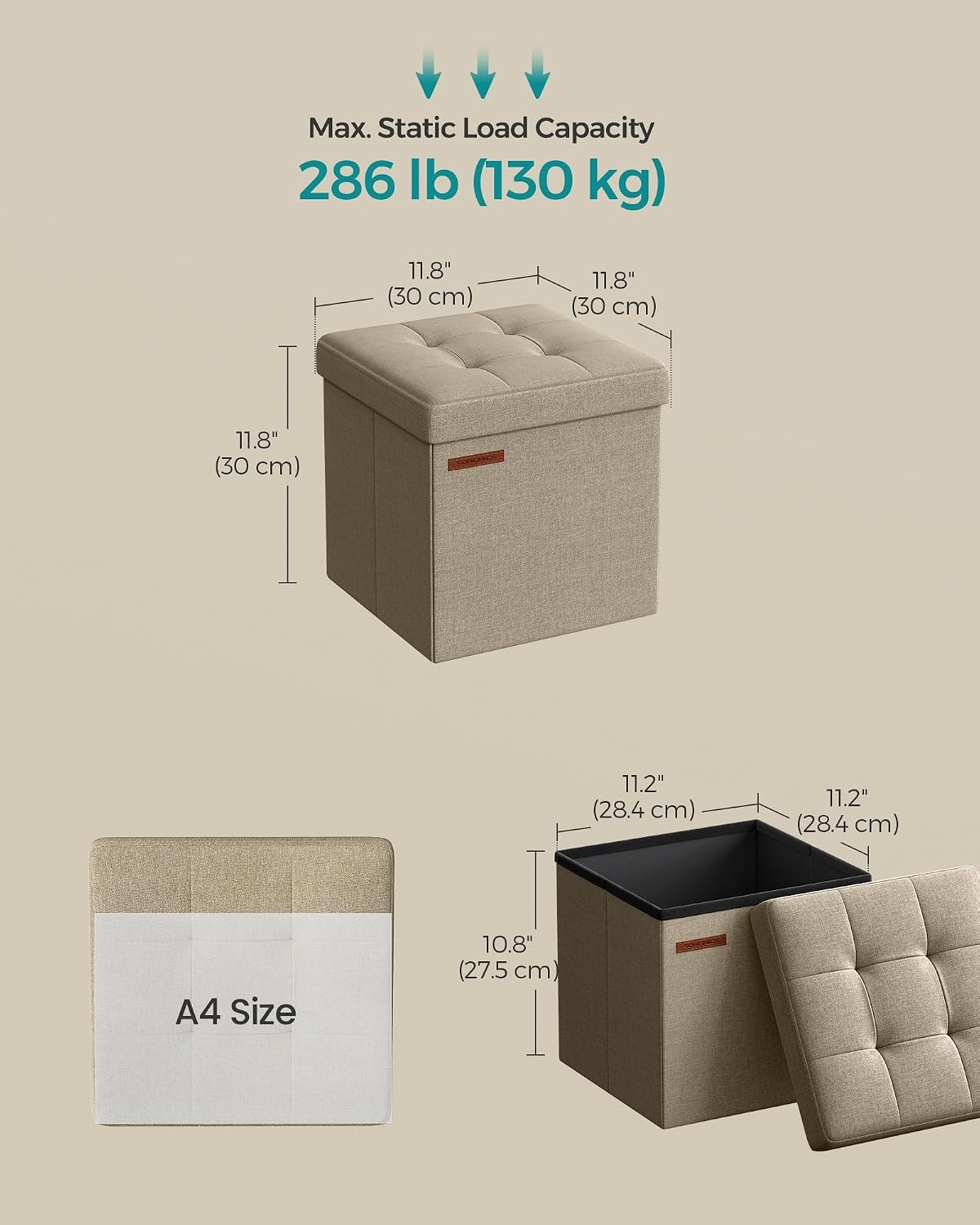 image:imageSONGMICS Small Folding Storage Ottoman 118 x 118 x 118 inCamel Brown
