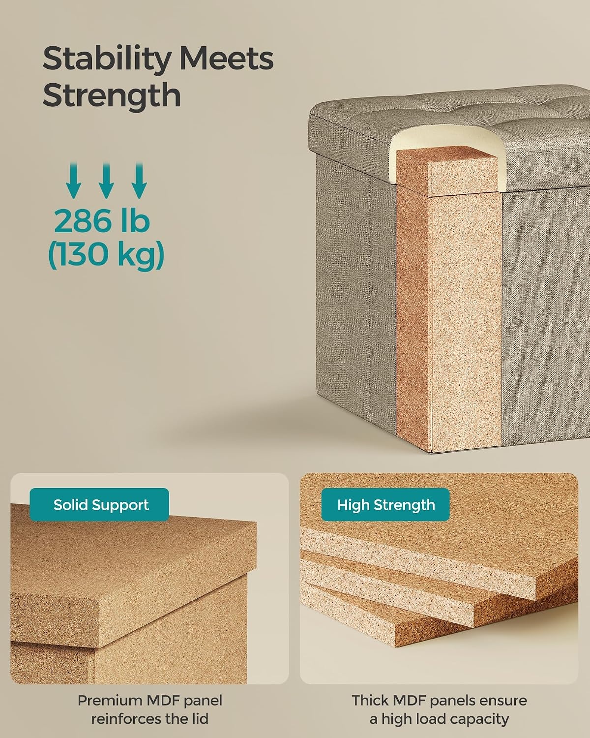 image:imageSONGMICS Small Folding Storage Ottoman 118 x 118 x 118 inCamel Brown