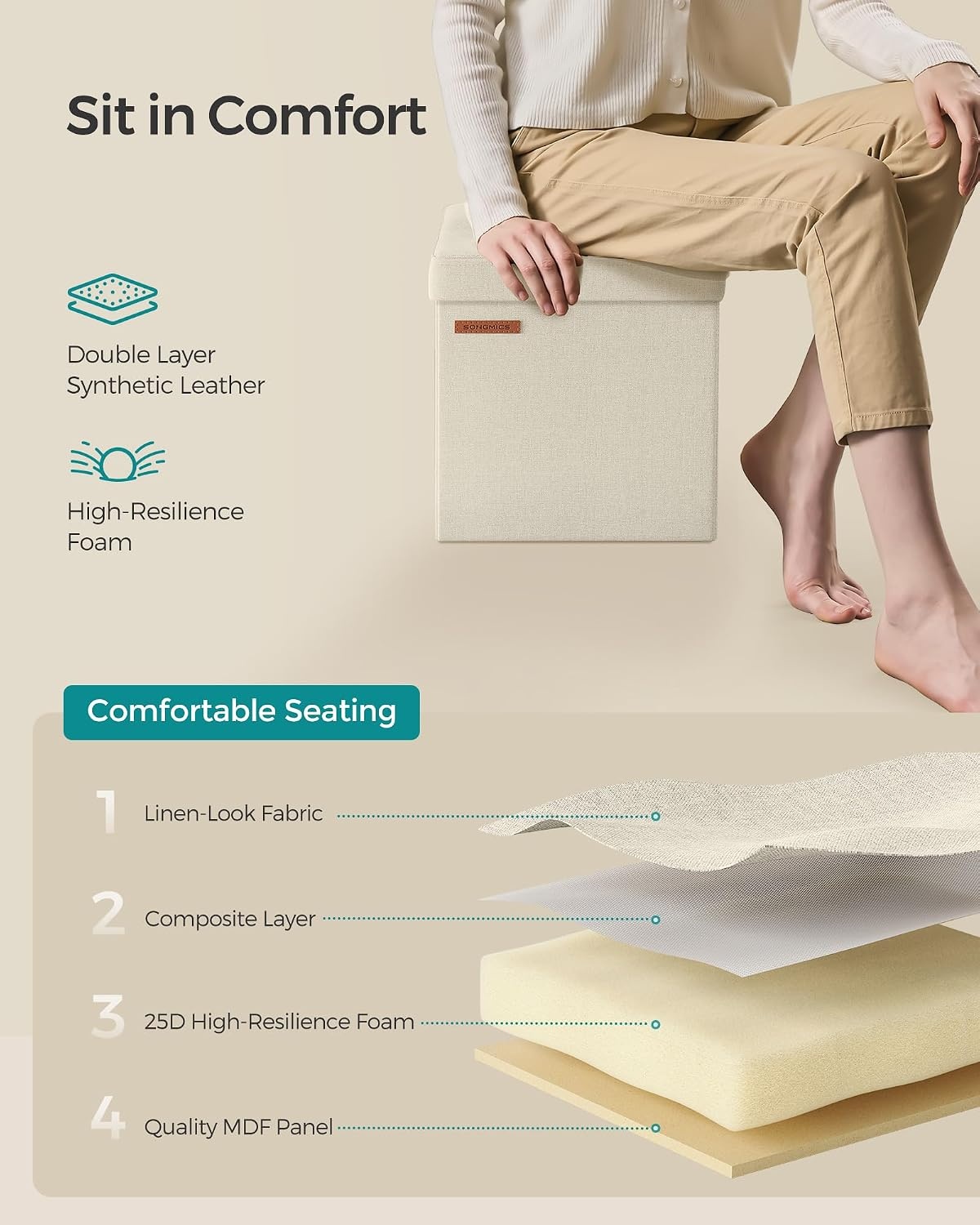 image:imageSONGMICS Small Folding Storage Ottoman 118 x 118 x 118 inCream White