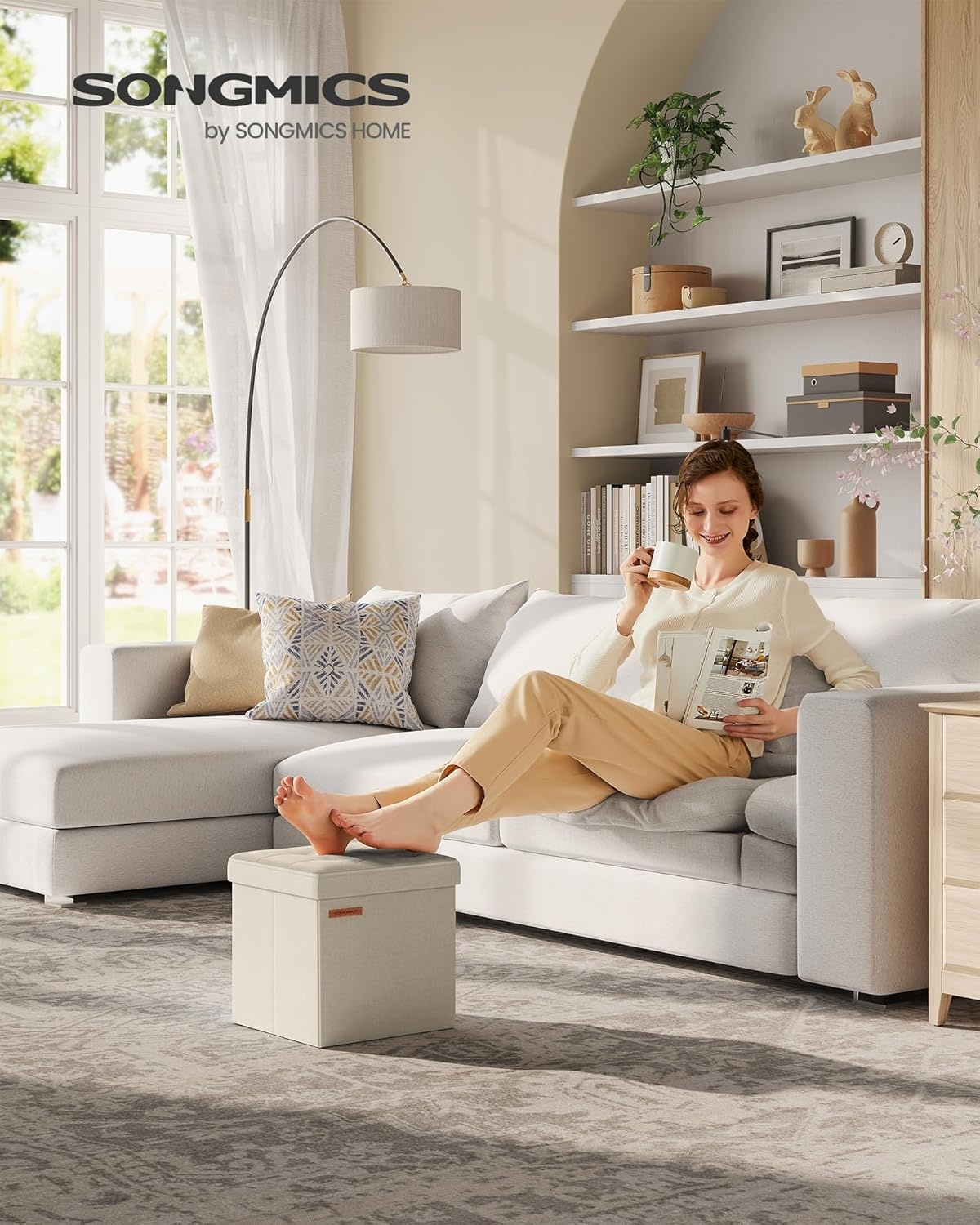 image:imageSONGMICS Small Folding Storage Ottoman 118 x 118 x 118 inCream White