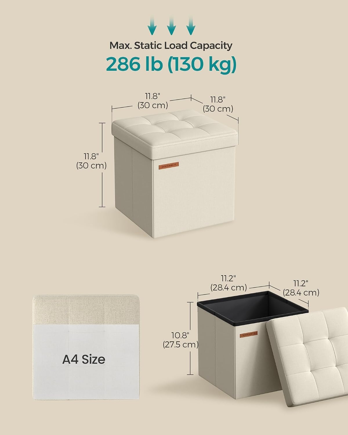 image:imageSONGMICS Small Folding Storage Ottoman 118 x 118 x 118 inCream White