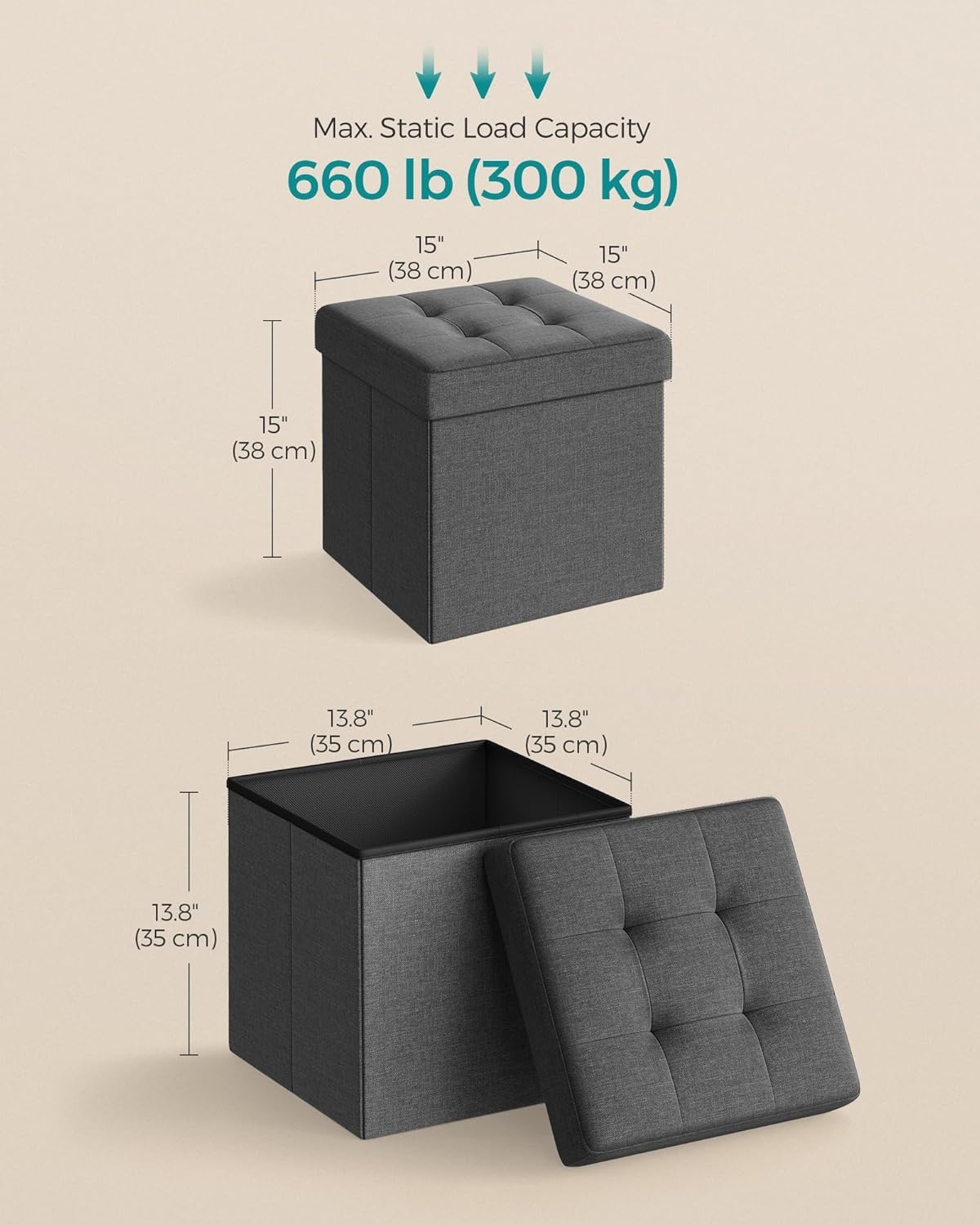 image:imageSONGMICS Small Folding Storage Ottoman 118 x 118 x 118 inDark Gray