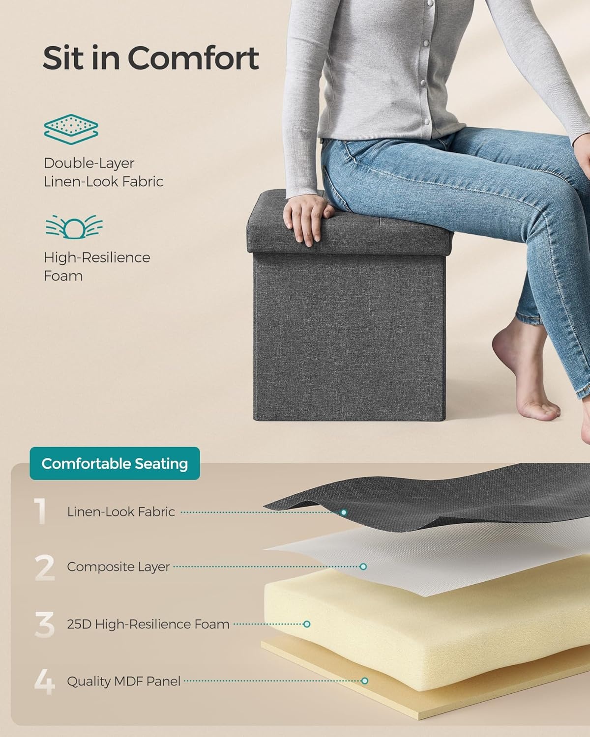 image:imageSONGMICS Small Folding Storage Ottoman 118 x 118 x 118 inDark Gray