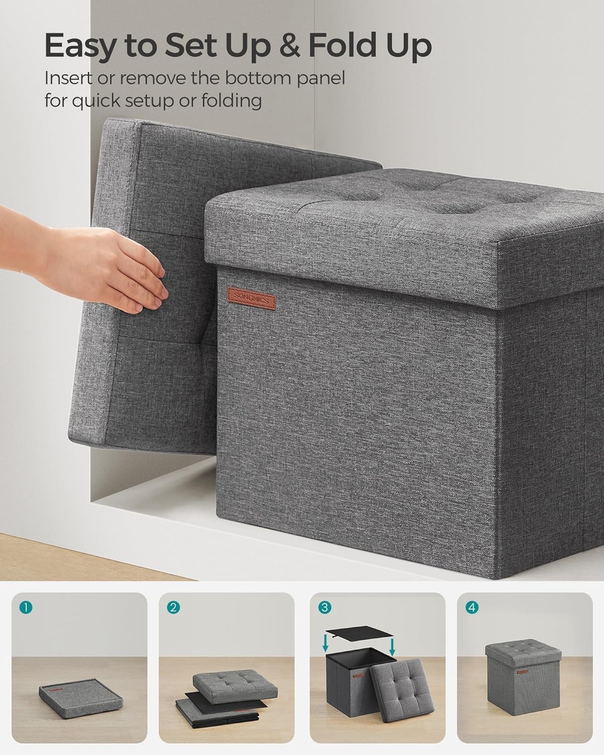 image:imageSONGMICS Small Folding Storage Ottoman 118 x 118 x 118 inDark Gray
