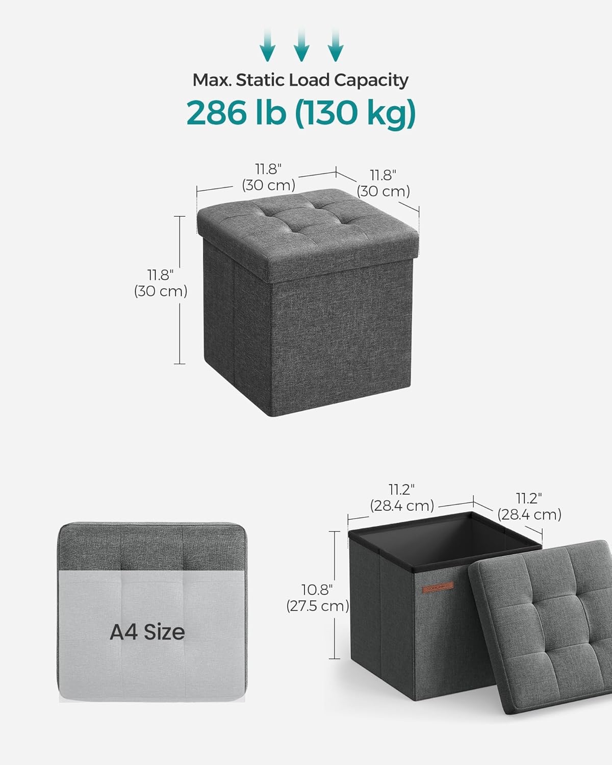 image:imageSONGMICS Small Folding Storage Ottoman 118 x 118 x 118 inDark Gray