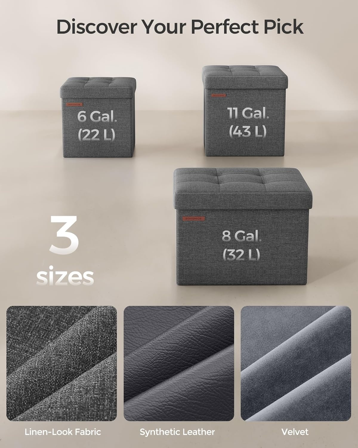 image:imageSONGMICS Small Folding Storage Ottoman 118 x 118 x 118 inDark Gray