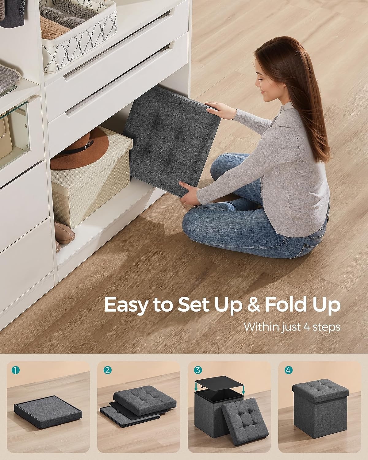 image:imageSONGMICS Small Folding Storage Ottoman 118 x 118 x 118 inDark Gray