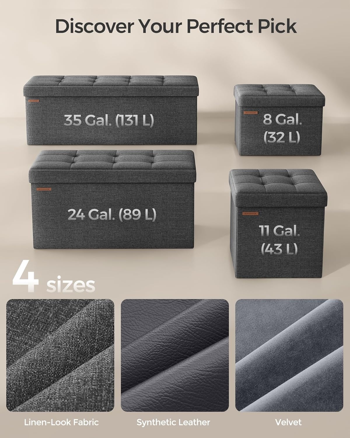 image:imageSONGMICS Small Folding Storage Ottoman 118 x 118 x 118 inDark Gray