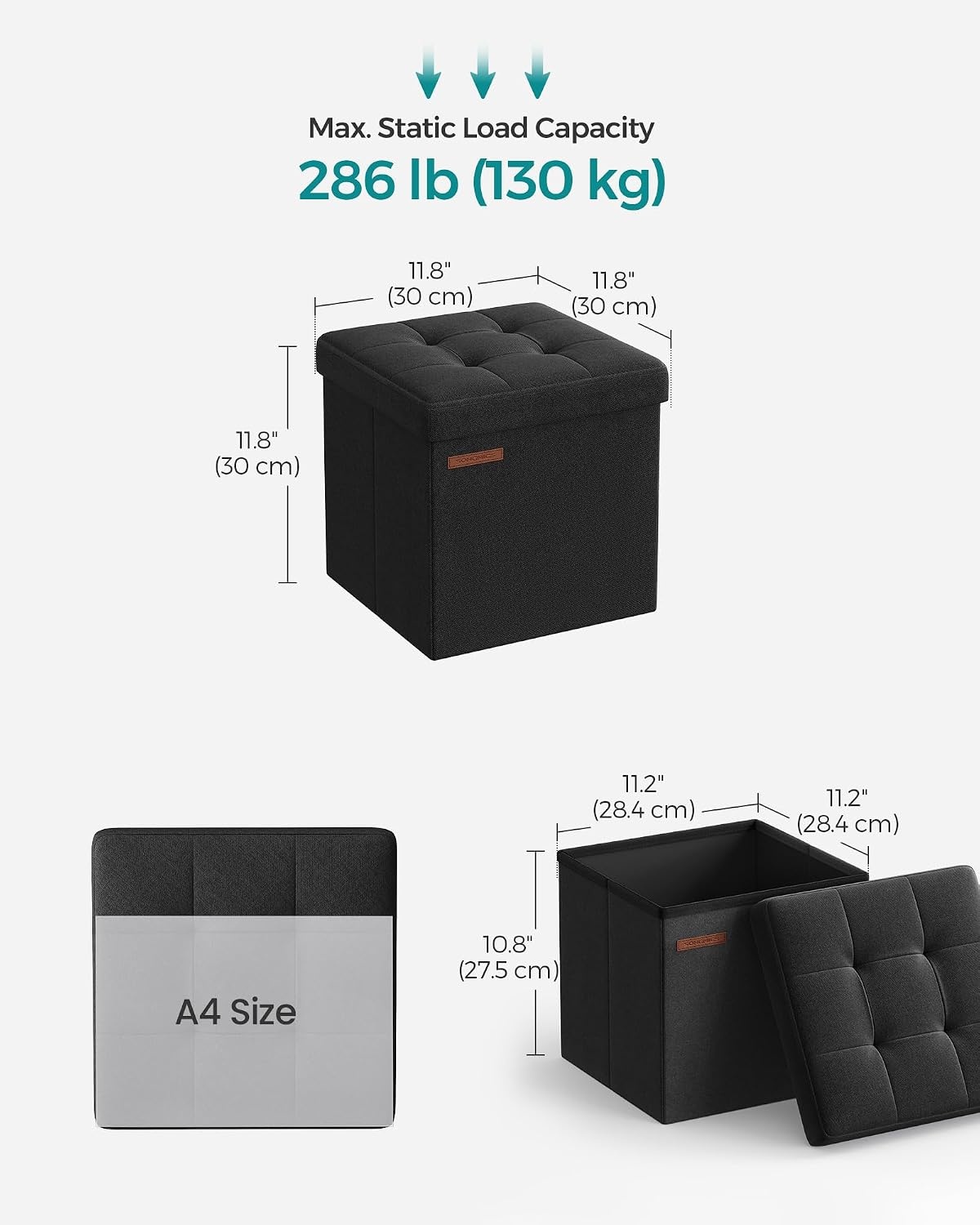 image:imageSONGMICS Small Folding Storage Ottoman 118 x 118 x 118 inInk Black