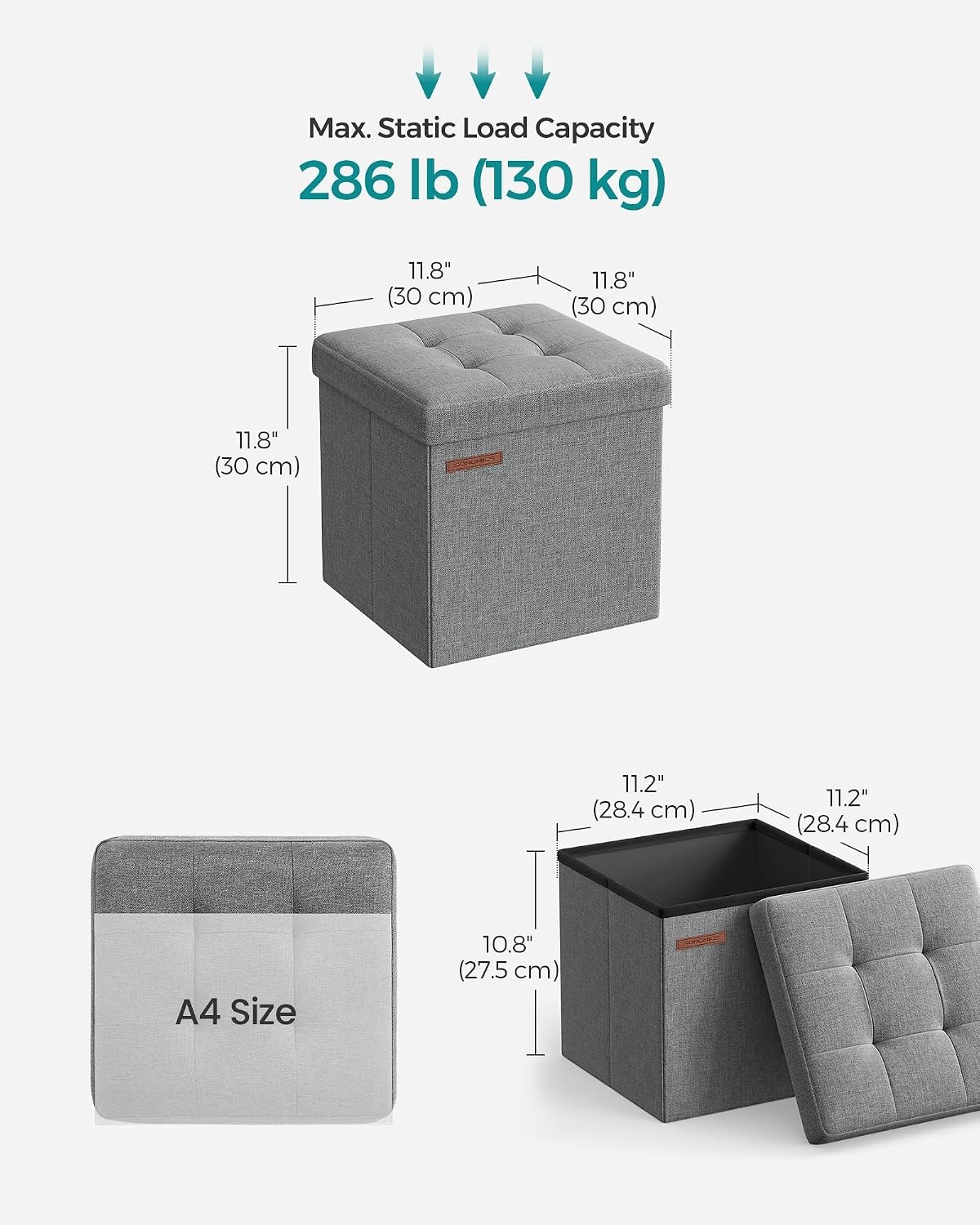 image:imageSONGMICS Small Folding Storage Ottoman 118 x 118 x 118 inLight Gray