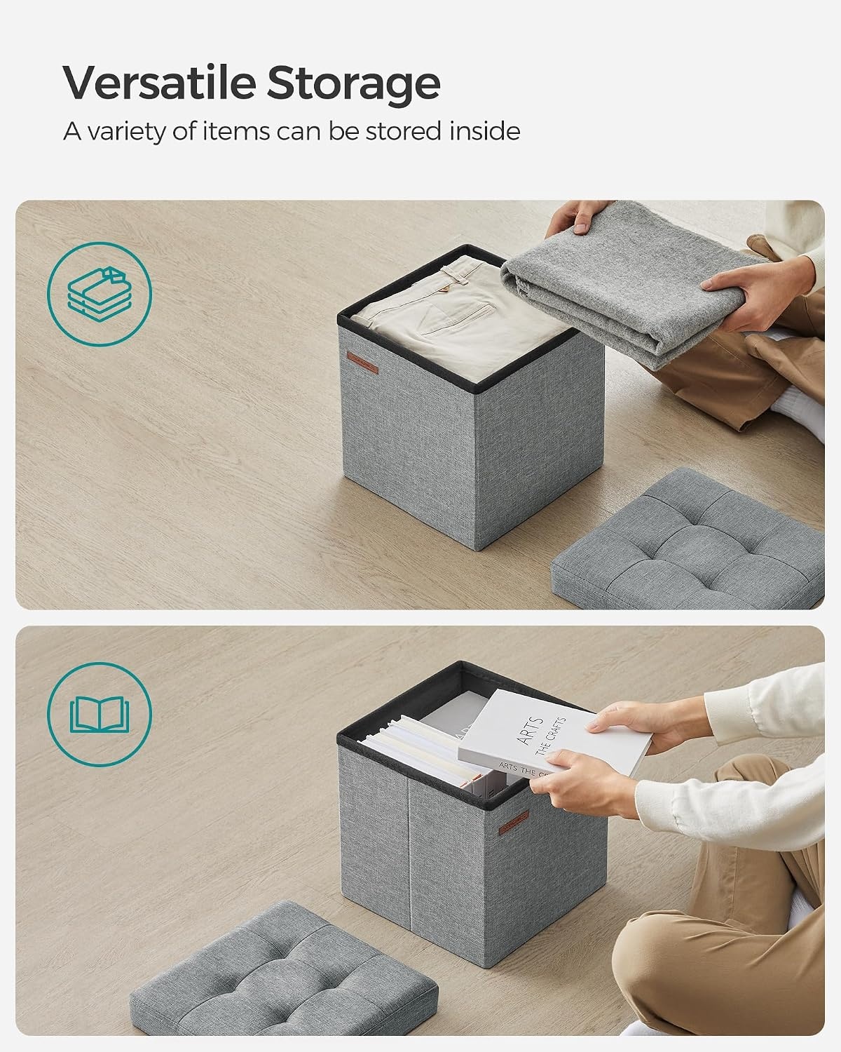 image:imageSONGMICS Small Folding Storage Ottoman 118 x 118 x 118 inLight Gray