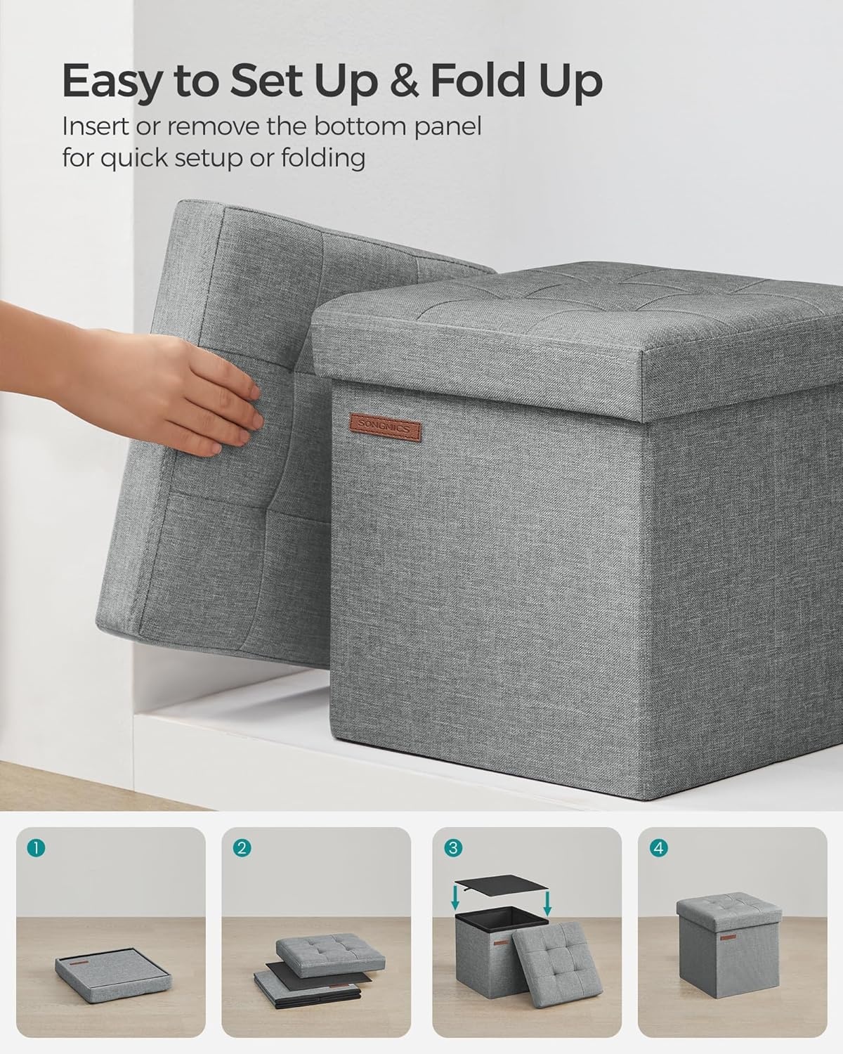 image:imageSONGMICS Small Folding Storage Ottoman 118 x 118 x 118 inLight Gray
