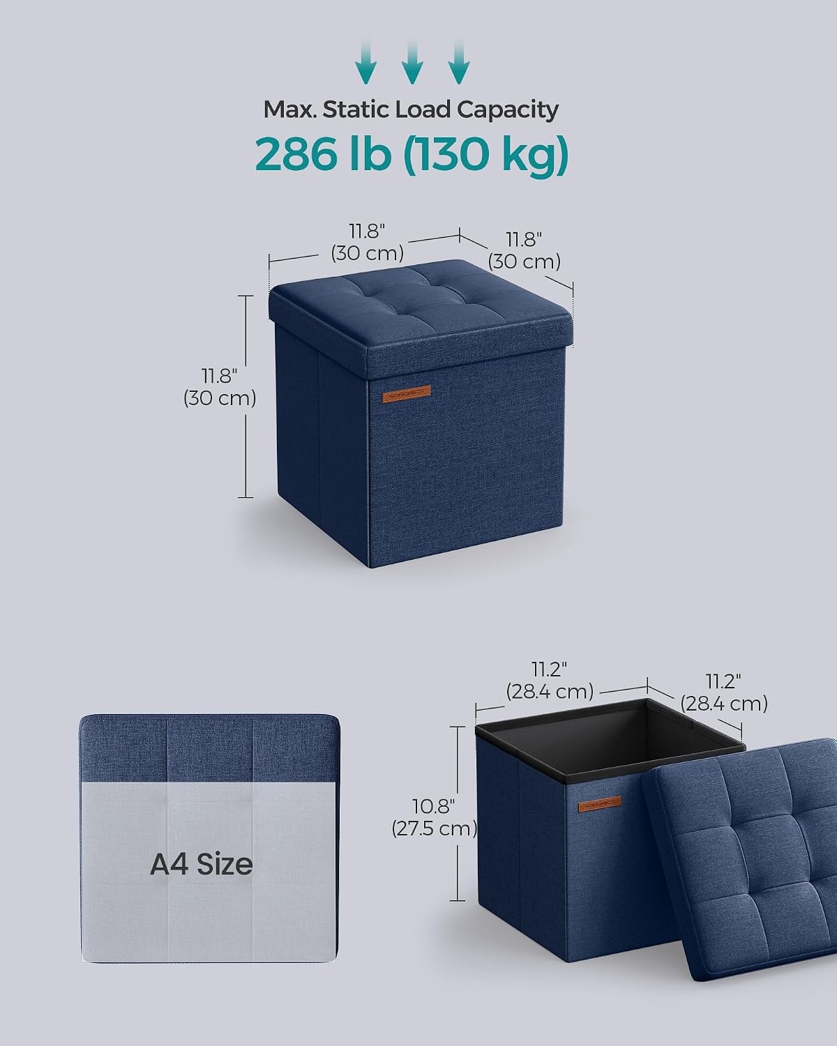 image:imageSONGMICS Small Folding Storage Ottoman 118 x 118 x 118 inLinenlook Fabric